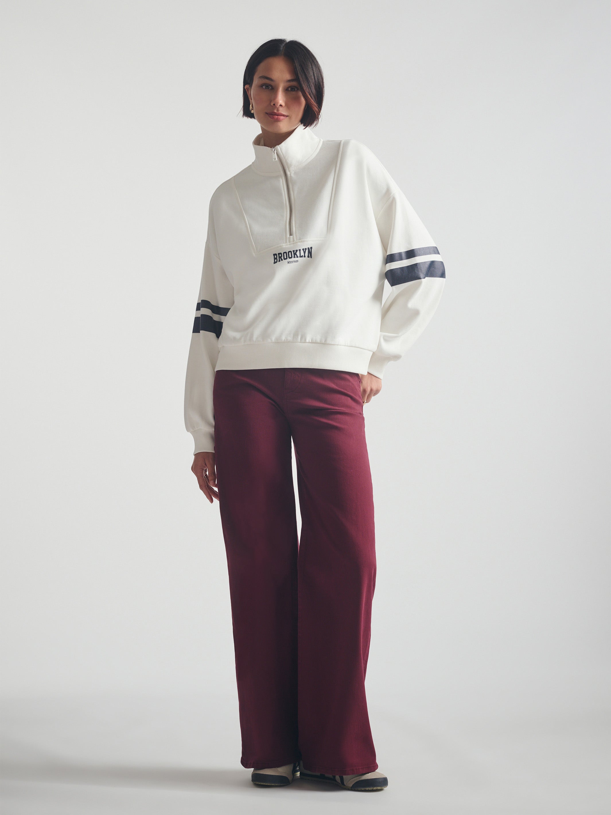 Women's Brooklyn Half Zip Varsity Sweatshirt in Antique White - BROOKLYN INDUSTRIES