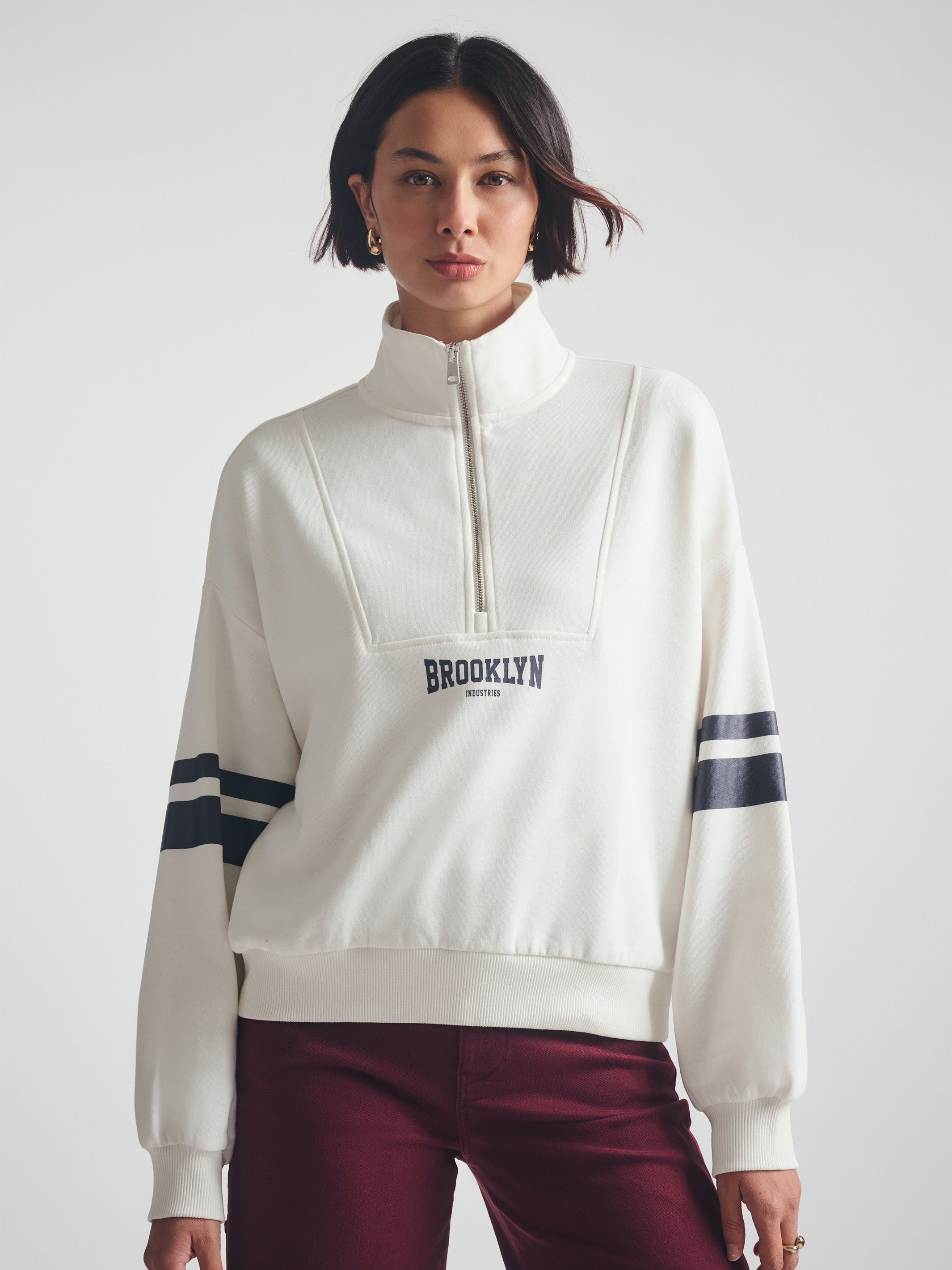 Women's Brooklyn Half Zip Varsity Sweatshirt in Antique White - BROOKLYN INDUSTRIES