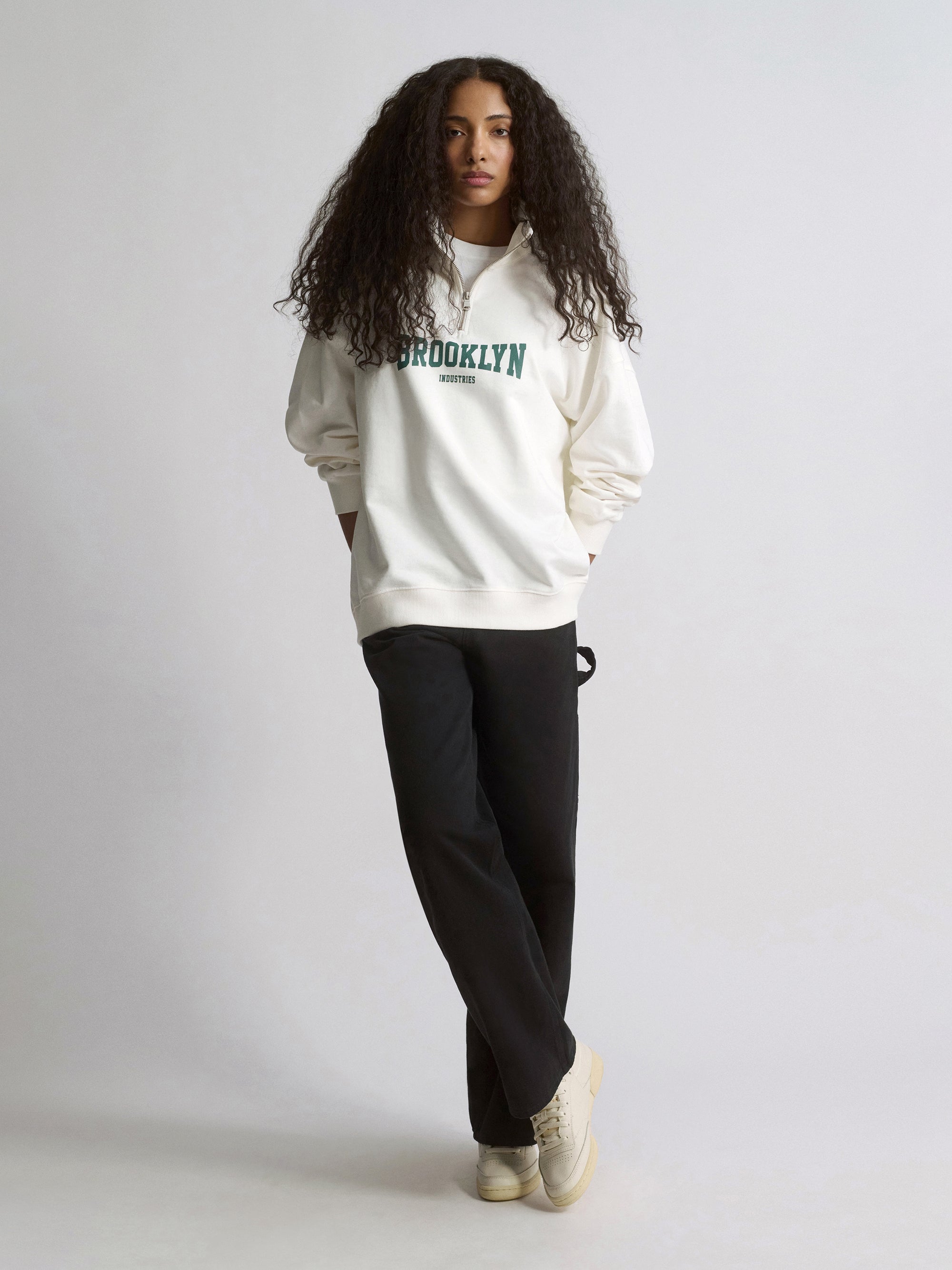 Women's Brooklyn Oversized Half-Zip Sweatshirt In Antique White - BROOKLYN INDUSTRIES
