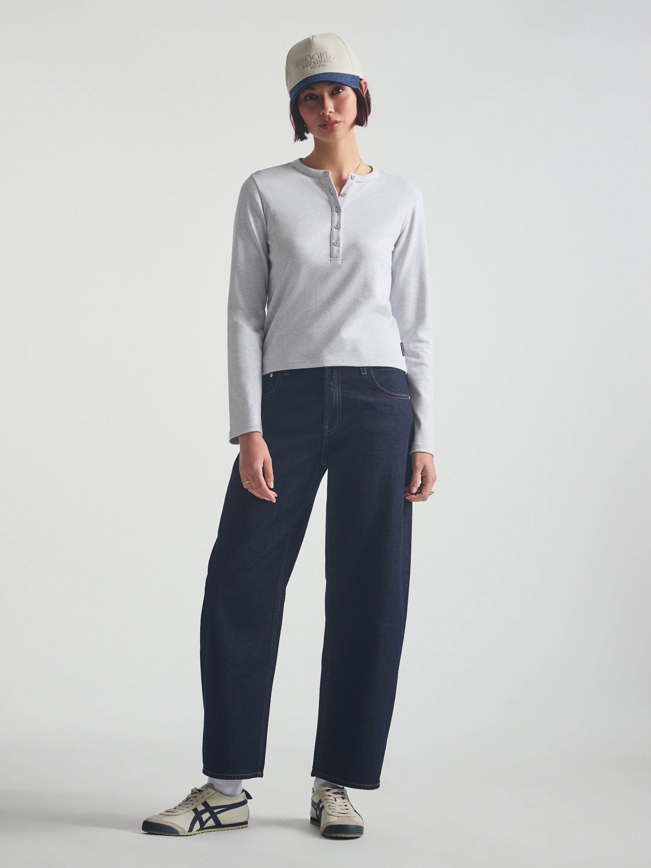 Women's Cropped Henley T-Shirt in Light Grey Melange - BROOKLYN INDUSTRIES