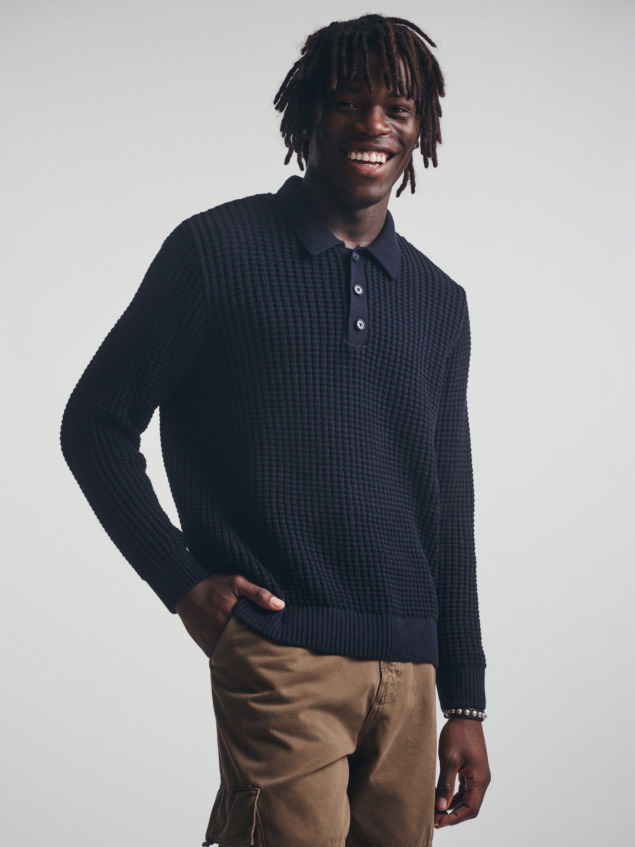 Men's Polo Sweater in Total Eclipse - BROOKLYN INDUSTRIES