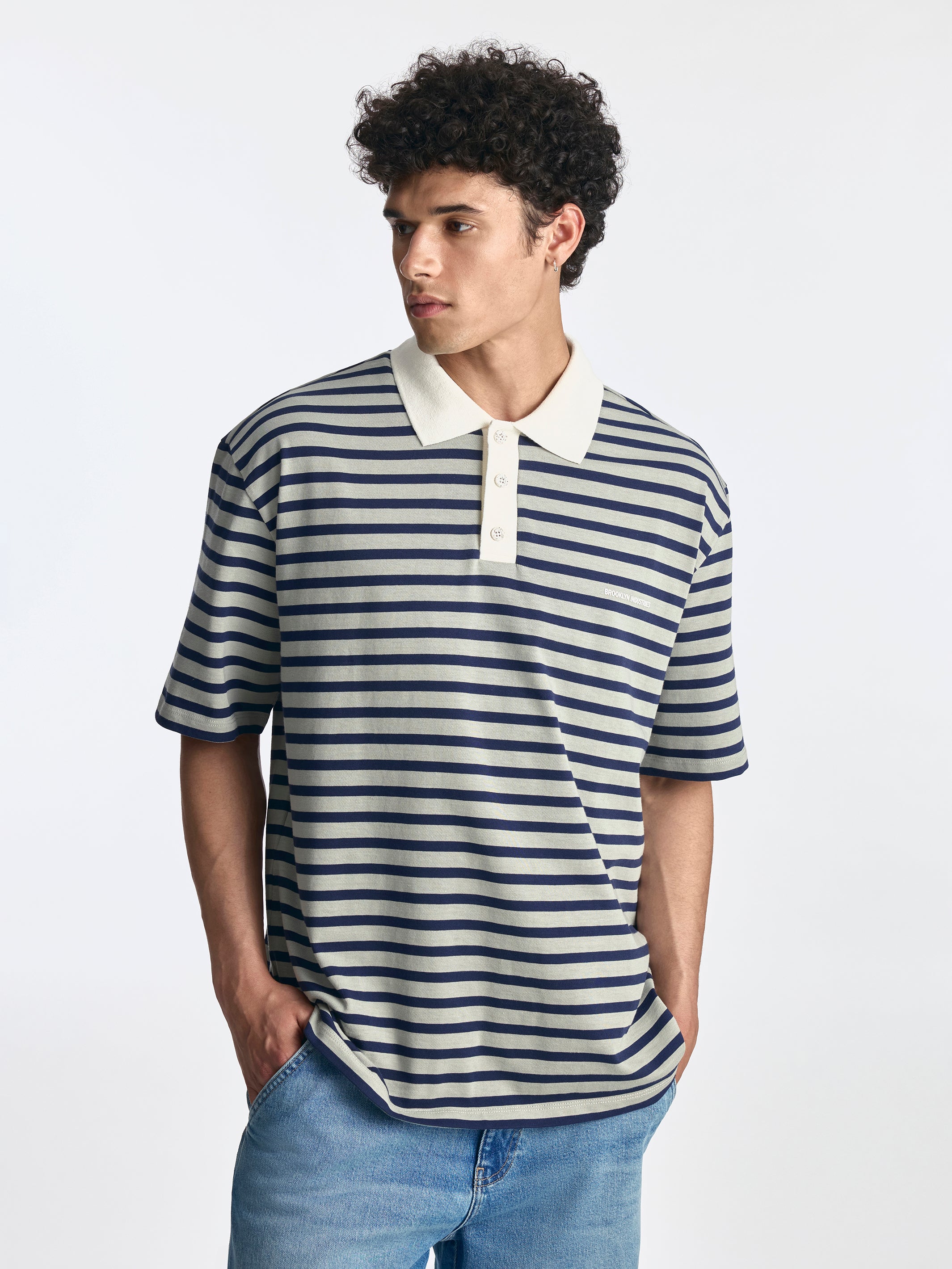 Men's Logo Polo Striped T-Shirt in Navy Stripe - BROOKLYN INDUSTRIES