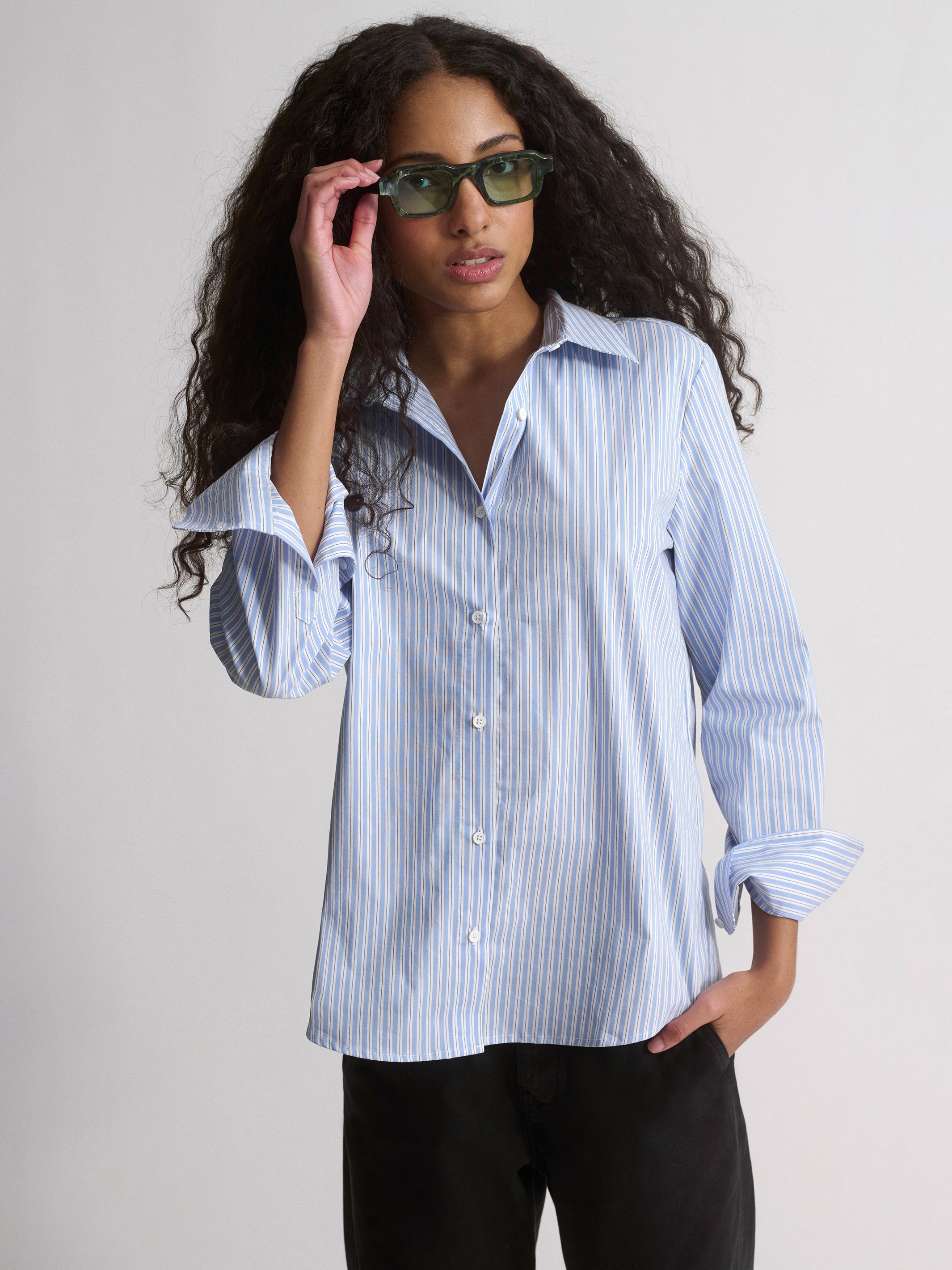 Women's Long Sleeve Shirt In Blue Striped - BROOKLYN INDUSTRIES