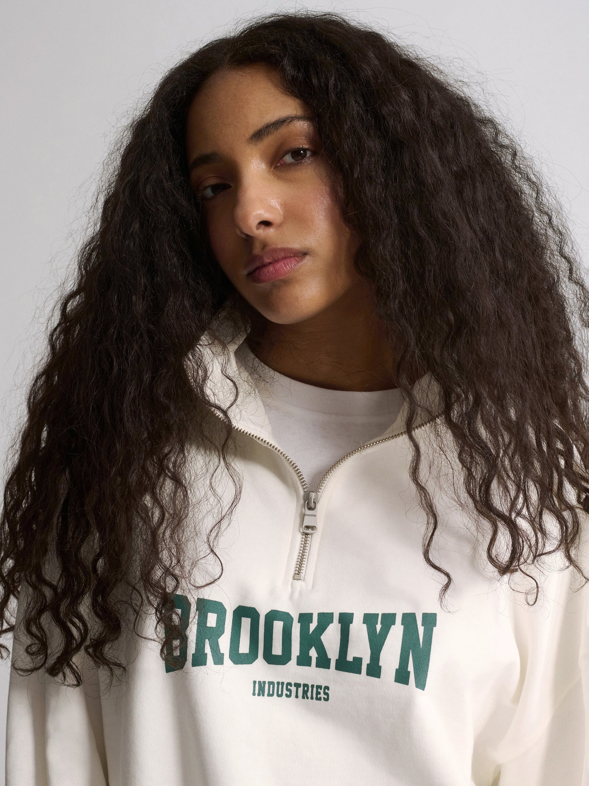 Women's Brooklyn Oversized Half-Zip Sweatshirt In Antique White - BROOKLYN INDUSTRIES