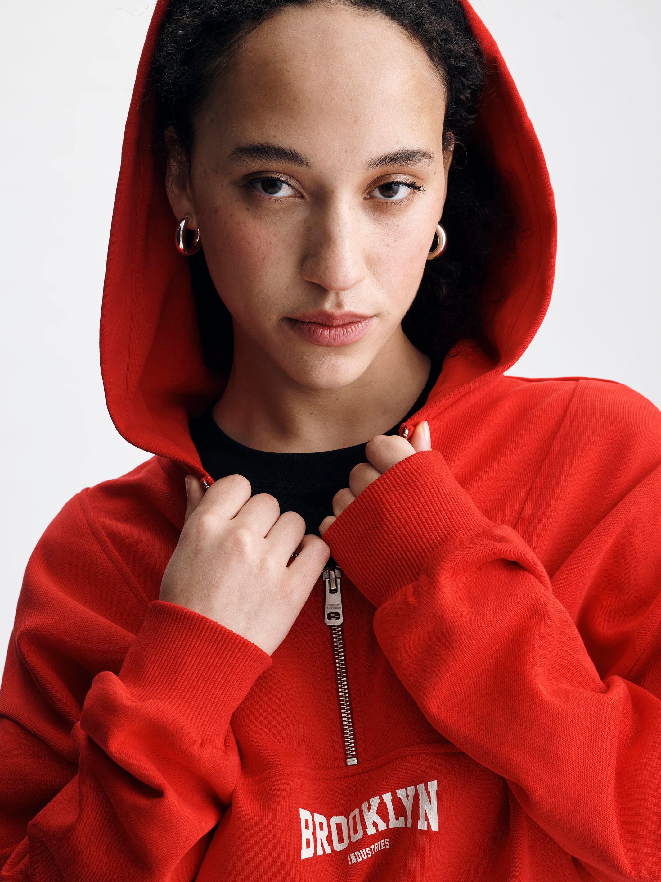 Women's Brooklyn Half Zip Hoodie in Goji Berry - BROOKLYN INDUSTRIES