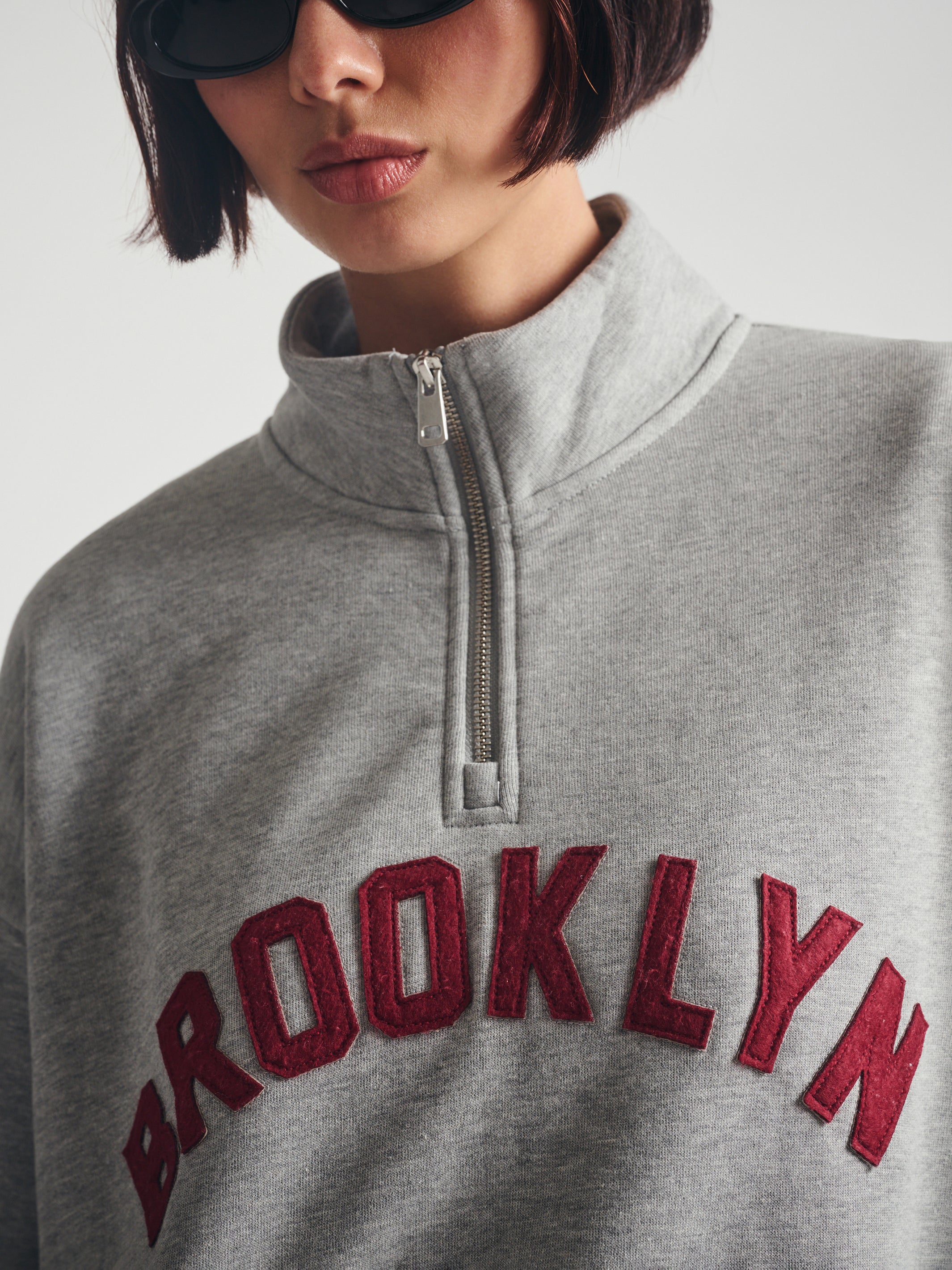 Women's Brooklyn Half Zip Sweatshirt in Mid Grey Melange - BROOKLYN INDUSTRIES