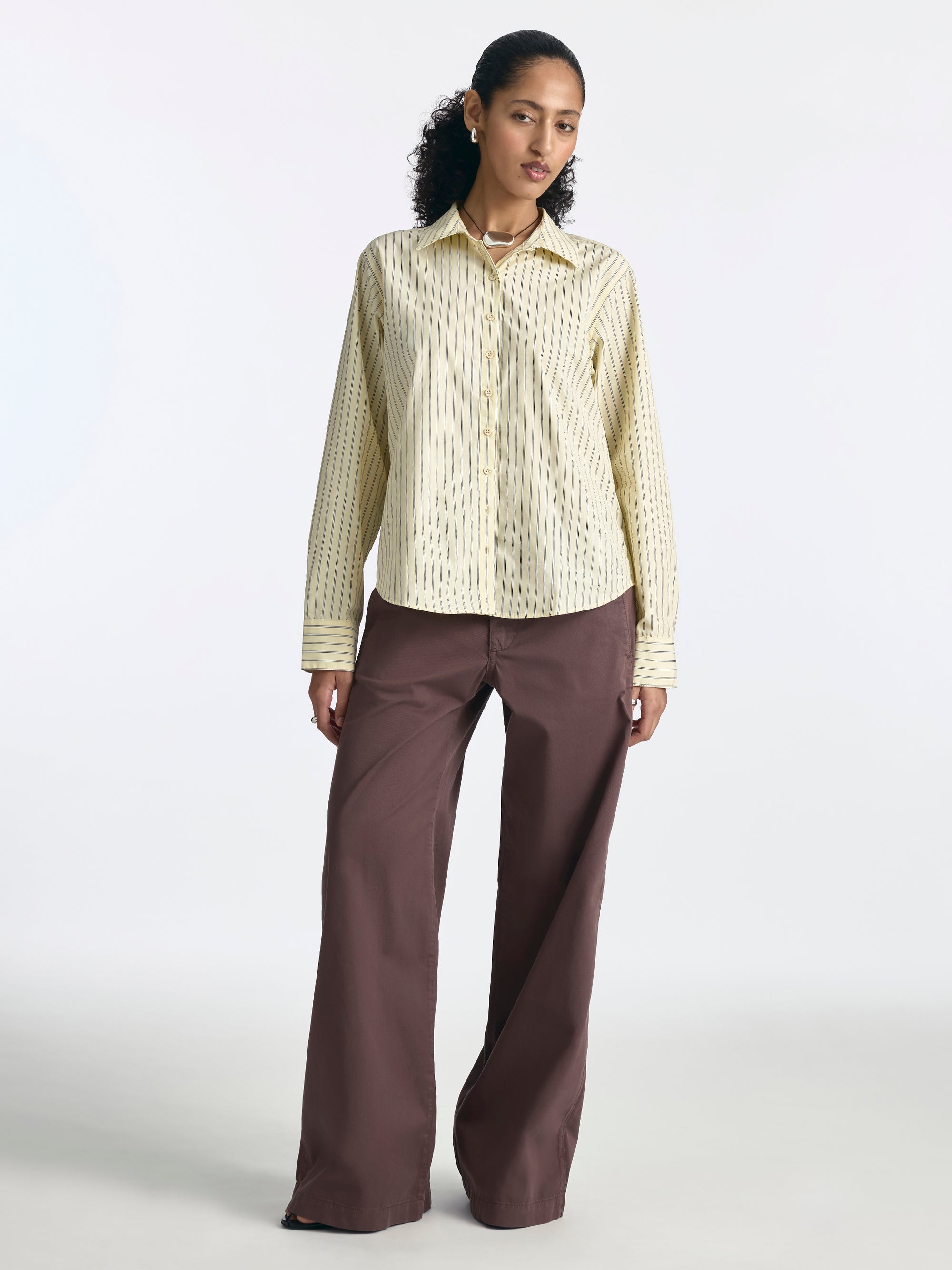 Women's Long Sleeve Striped Shirt in Pastel Yellow Stripe - BROOKLYN INDUSTRIES
