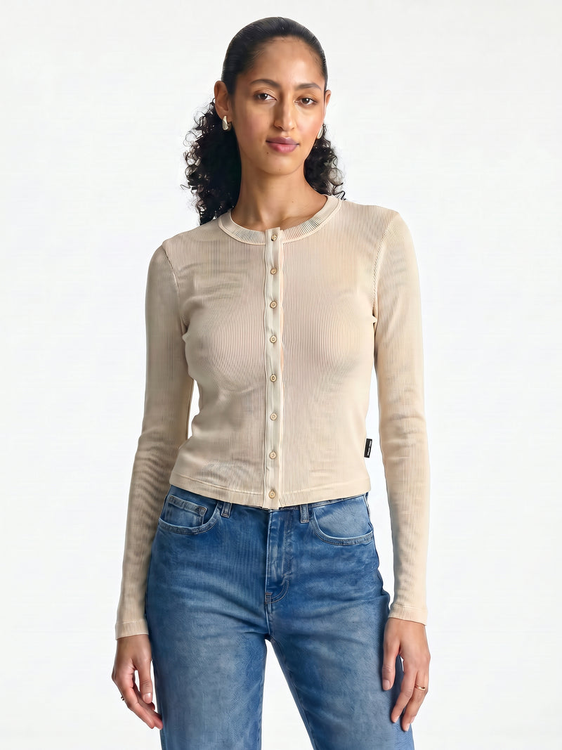 Women's Ribbed Button-Up T-Shirt in Sandshell - BROOKLYN INDUSTRIES