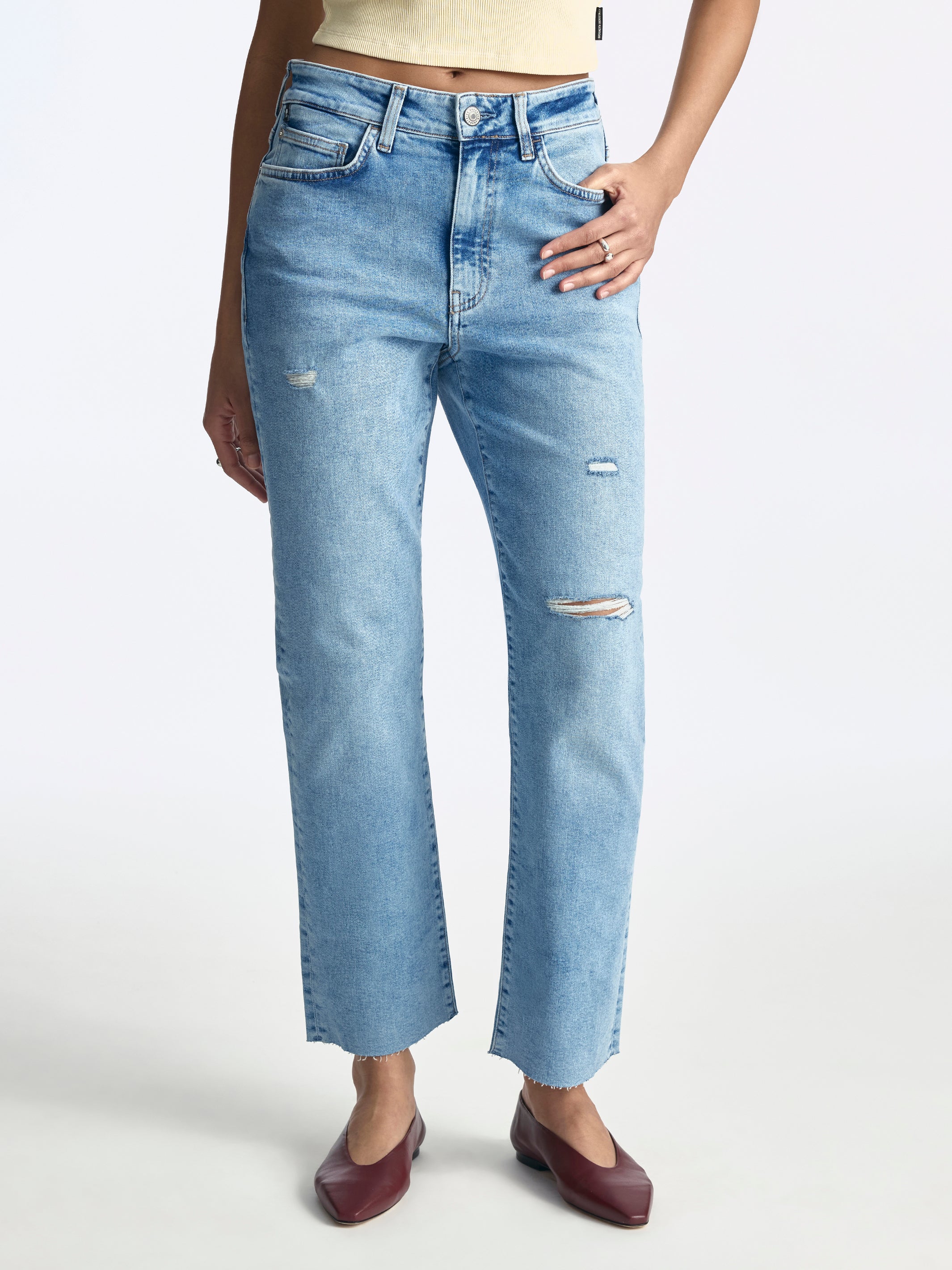 Meadow High Rise Boyfriend Jeans in Mid Ripped Denim - BROOKLYN INDUSTRIES