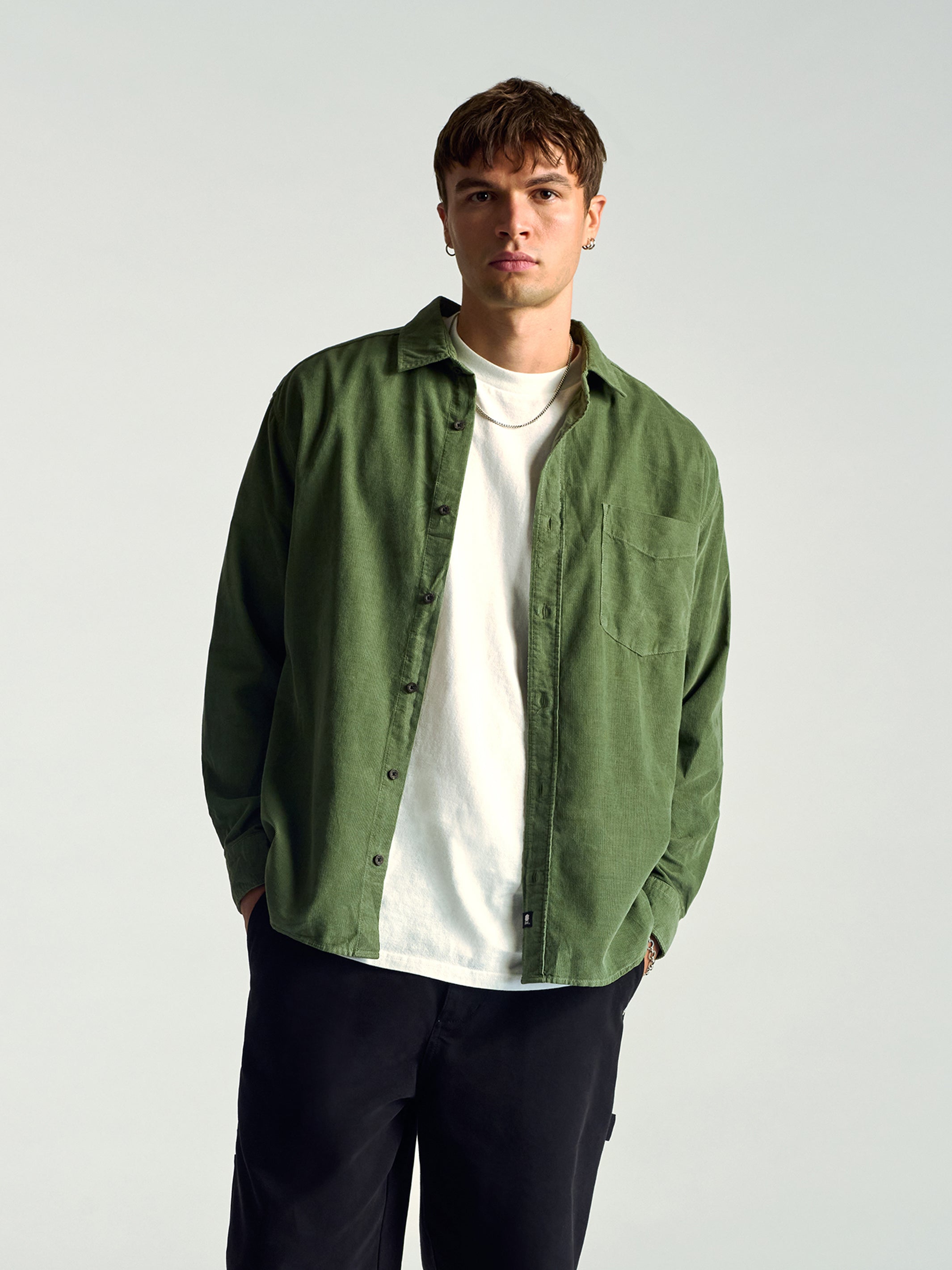 Men's Long Sleeve Corduroy Shirt In Agave Green - BROOKLYN INDUSTRIES