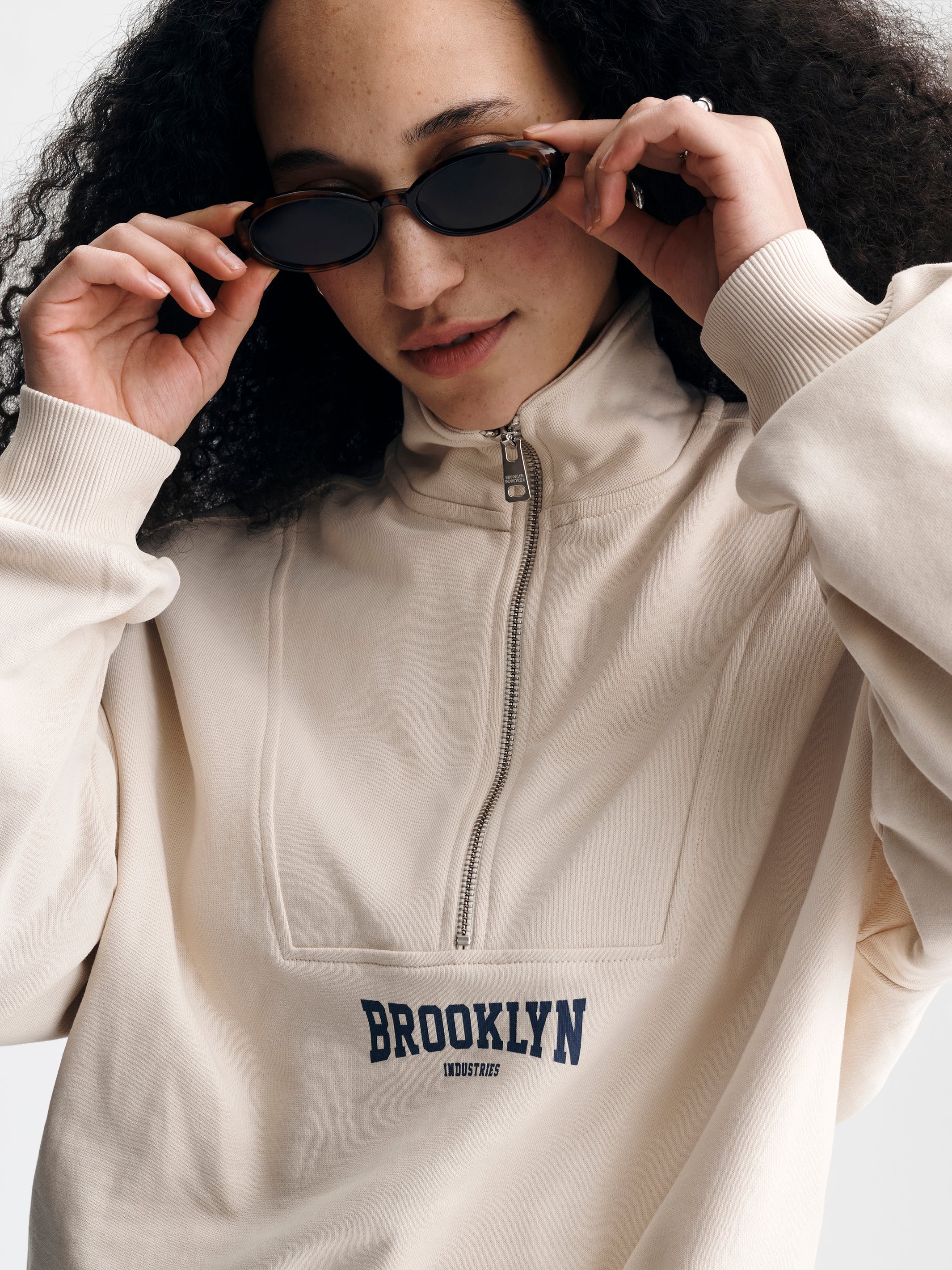 Women's Brooklyn Half Zip Sweatshirt in Sandshell - BROOKLYN INDUSTRIES