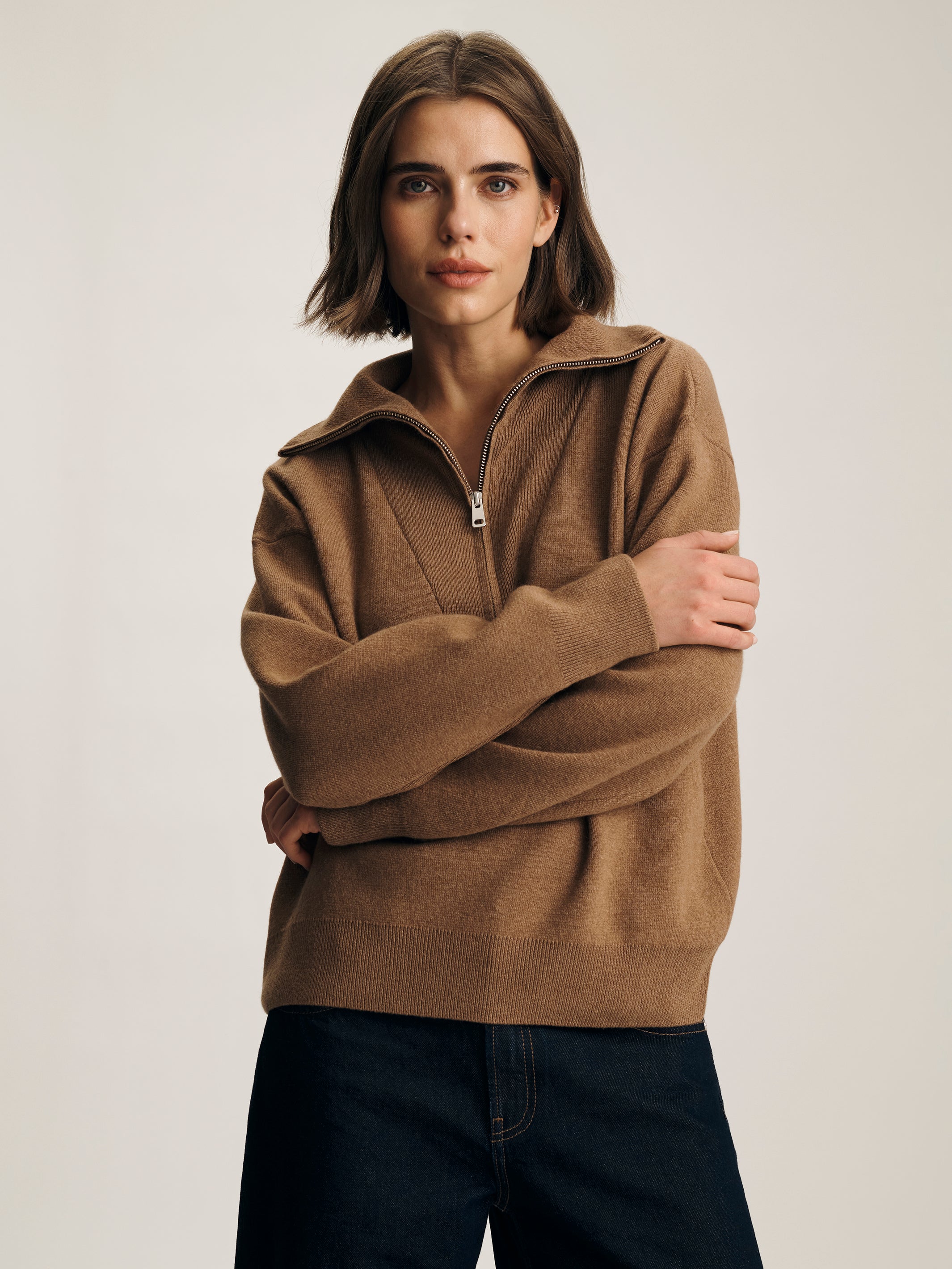 Women's Half Zip Waffle Sweater in Kelp - BROOKLYN INDUSTRIES