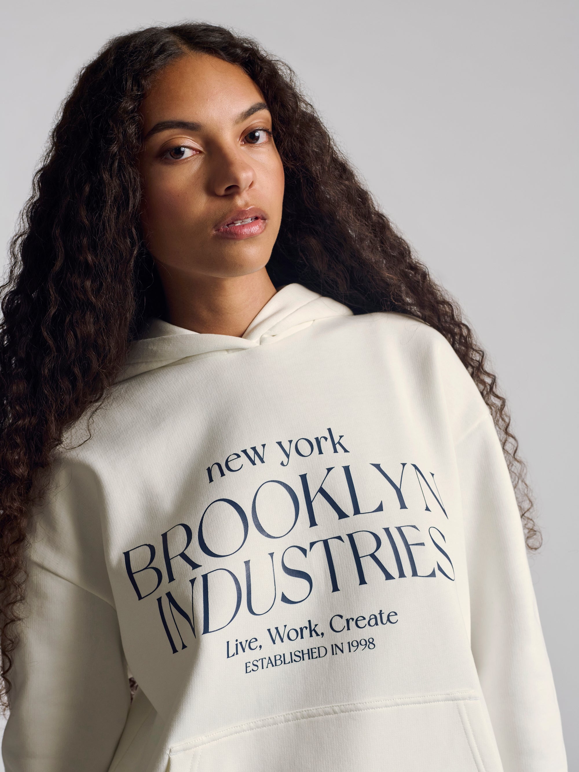 Women's BKI Hooded Sweatshirt In Antique White - BROOKLYN INDUSTRIES