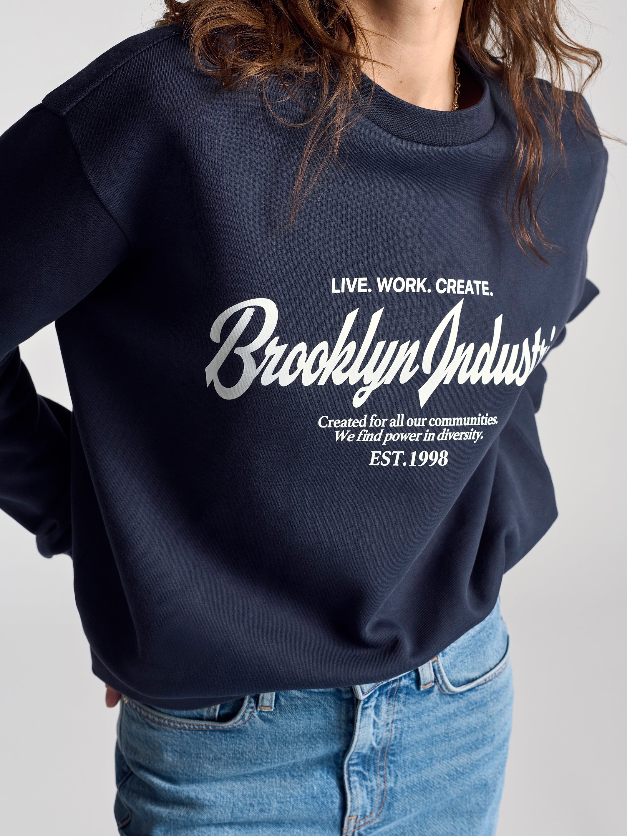 Women's BKI 1998 Crew Neck Sweatshirt In Total Eclipse - BROOKLYN INDUSTRIES