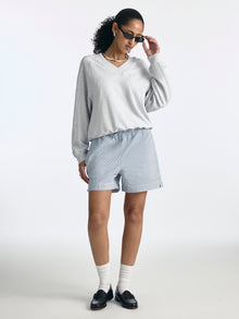 Women's Logo V-Neck Varsity Sweatshirt in Grey Melange - BROOKLYN INDUSTRIES
