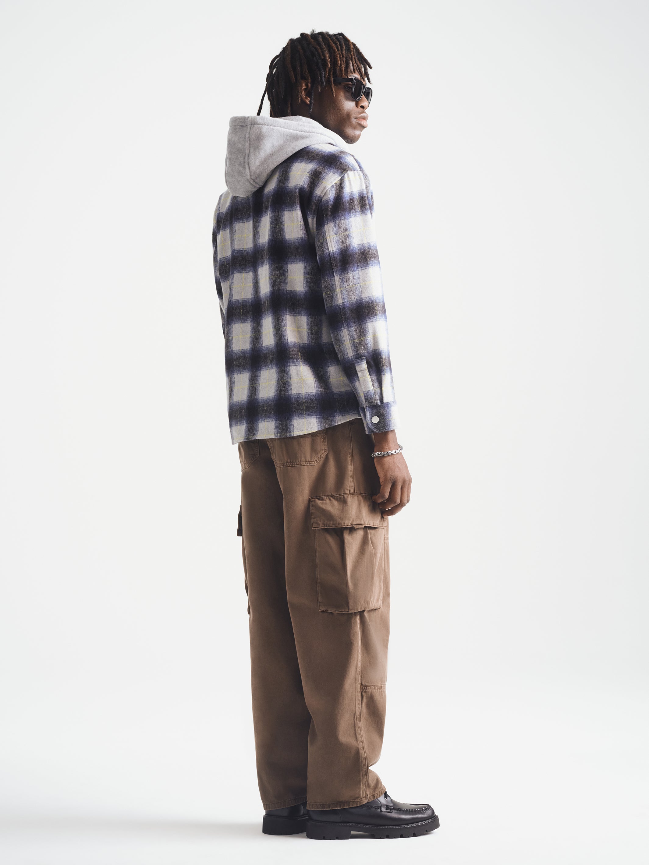 Men's Hooded Plaid Overshirt in Black Iris Check - BROOKLYN INDUSTRIES