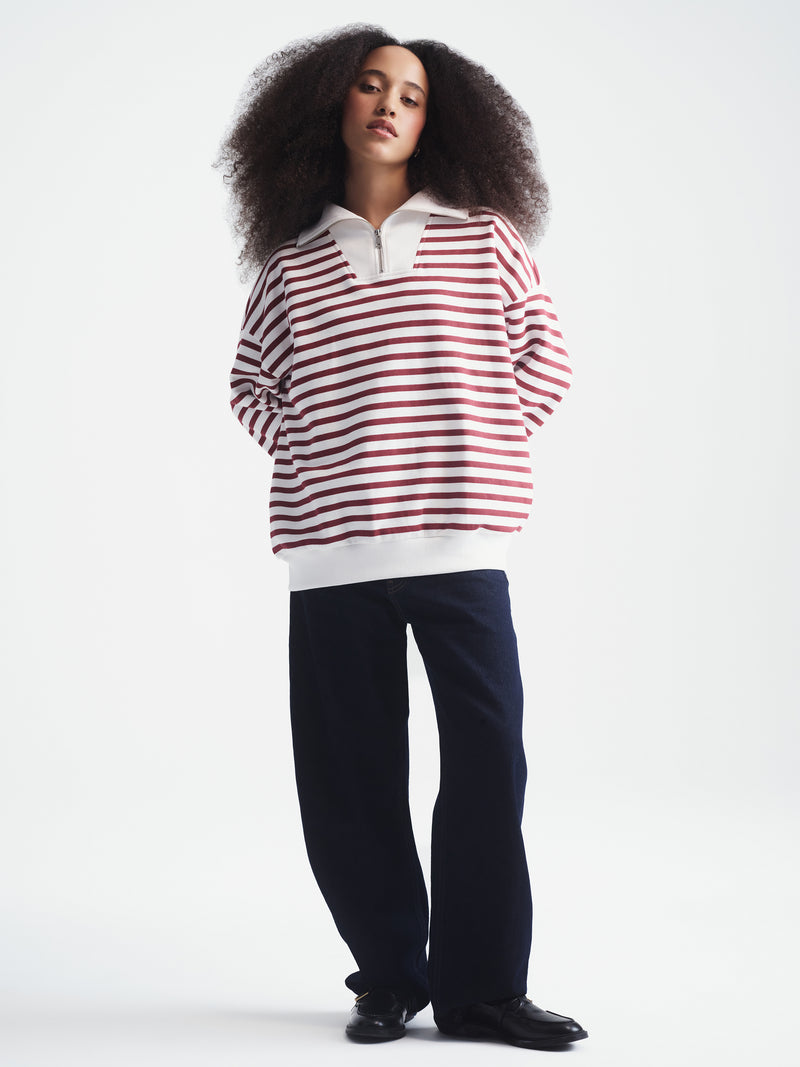 Women's Half Zip Striped Sweatshirt in Biking Red