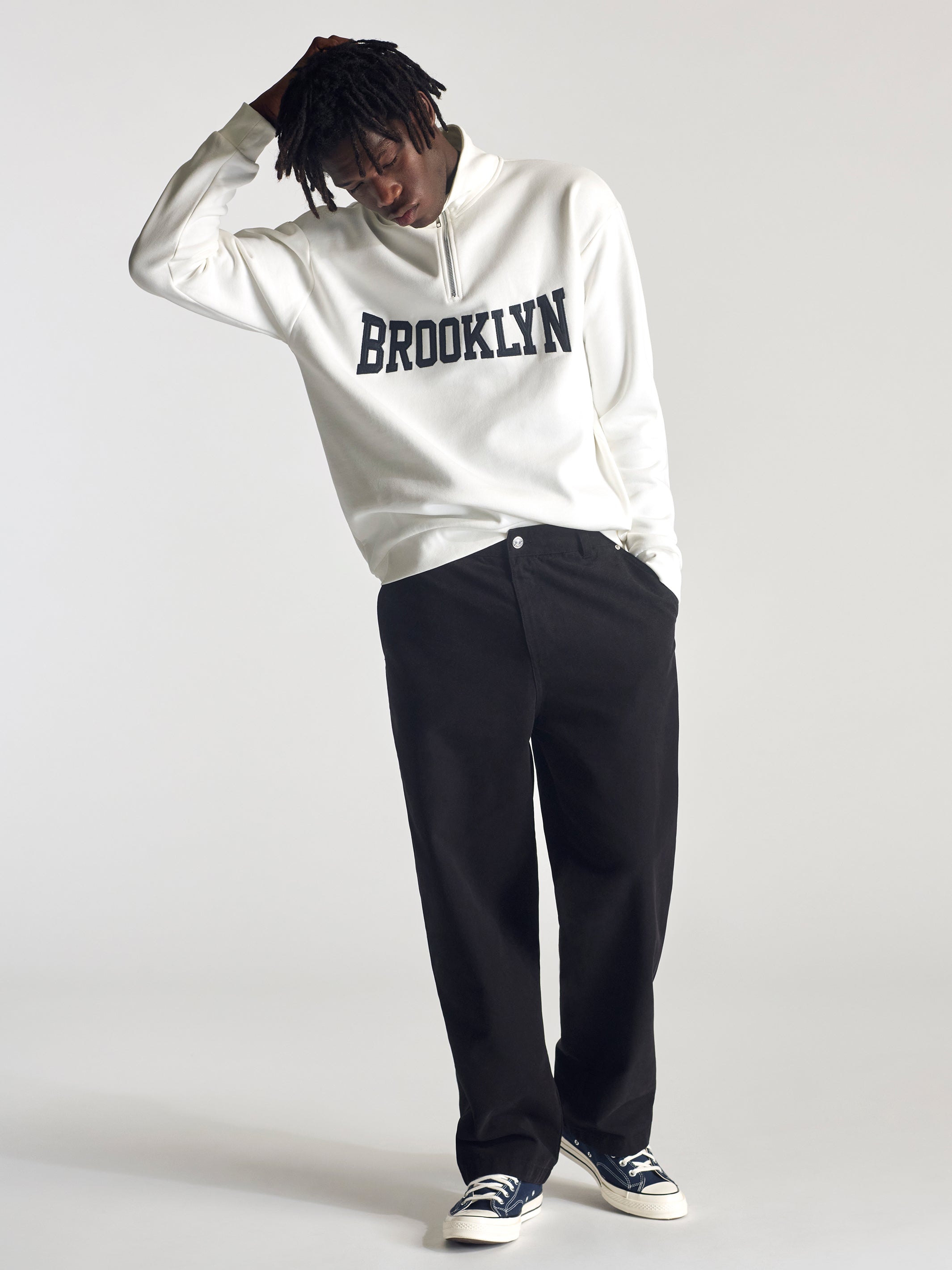 Men's Campus Half Zip Sweatshirt In Antique White | Brooklyn