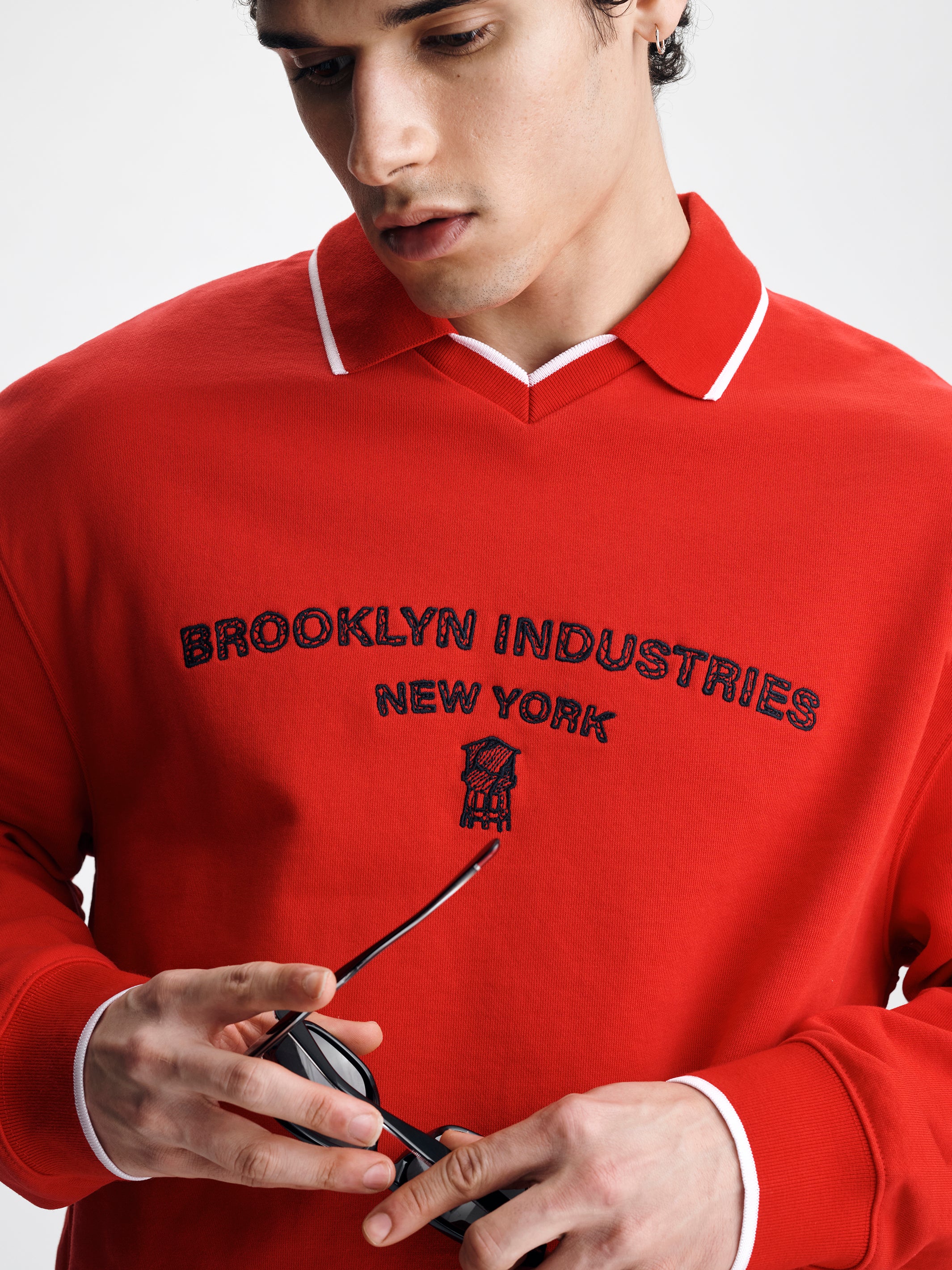 Men's Logo Varsity Polo Sweatshirt in Goji Berry - BROOKLYN INDUSTRIES