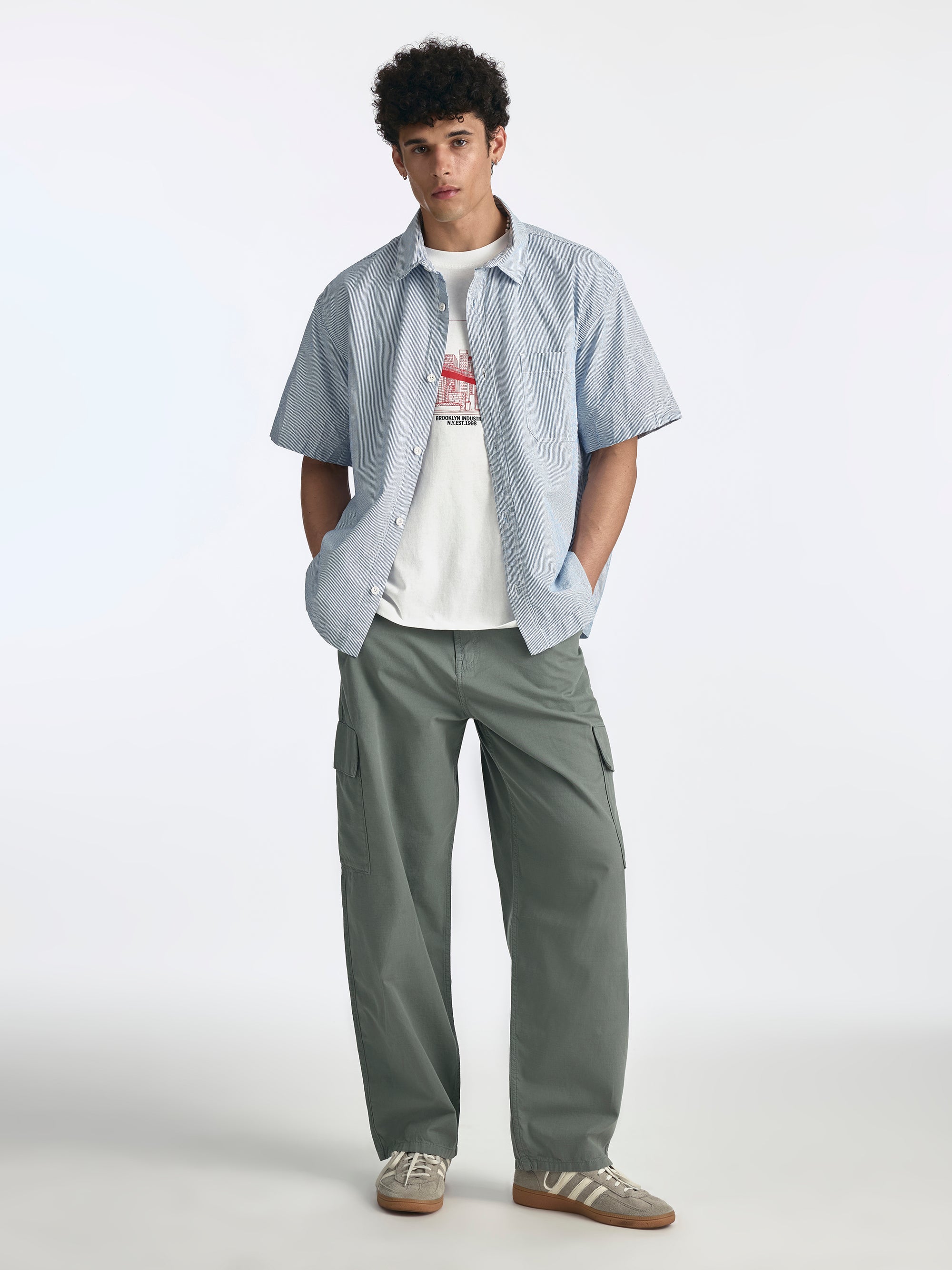 Men's Short Sleeve Striped Shirt in Blue Striped - BROOKLYN INDUSTRIES