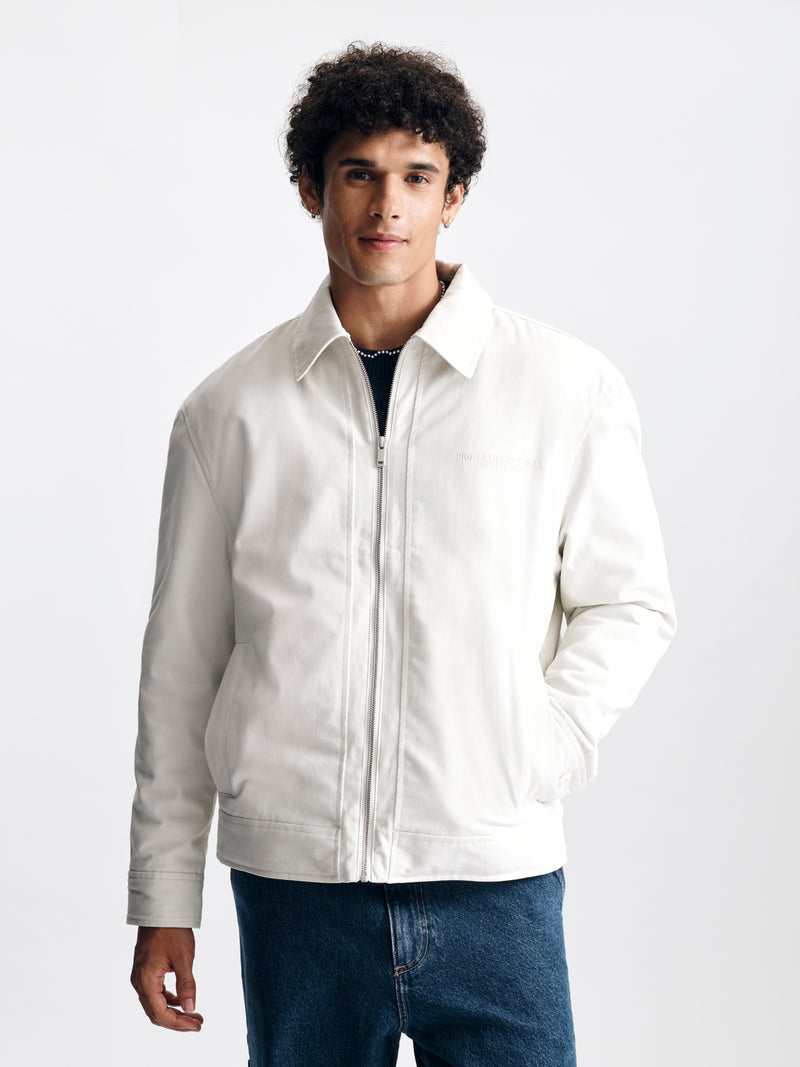 Men's Logo Zip-Up Trucker Jacket in White Onyx - BROOKLYN INDUSTRIES