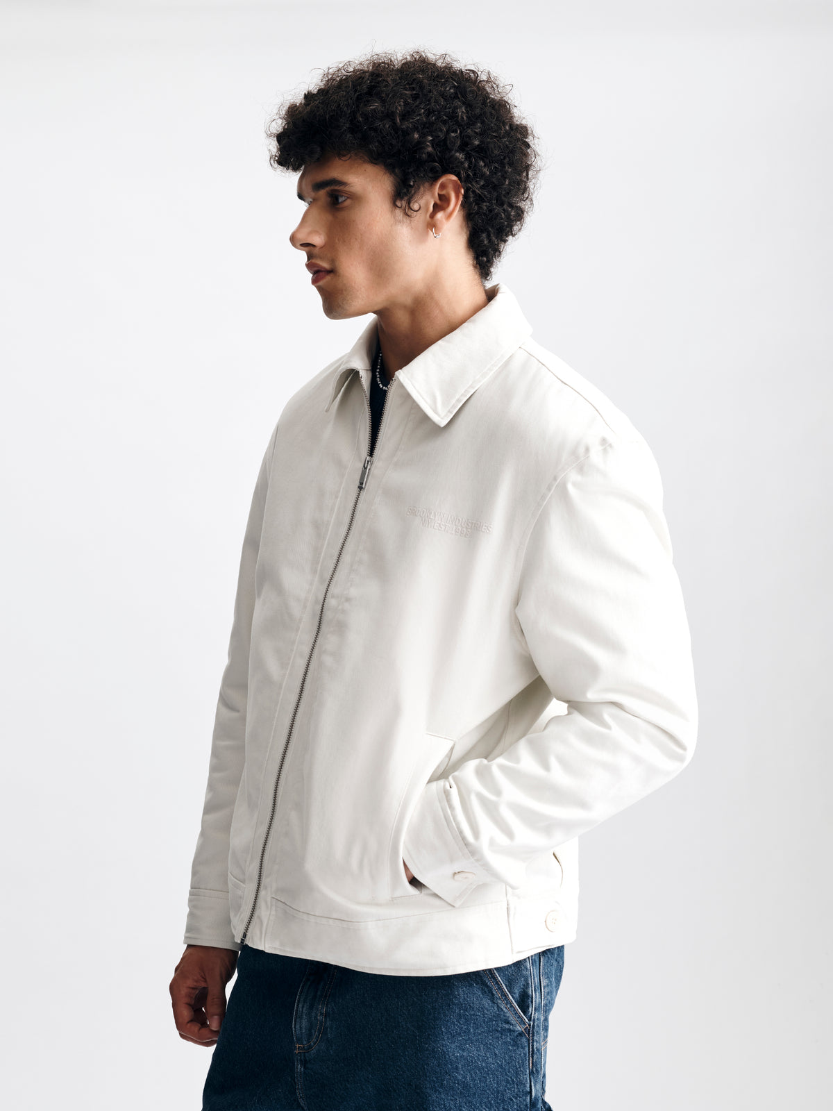 Men's Logo Zip-Up Trucker Jacket in White Onyx - BROOKLYN INDUSTRIES