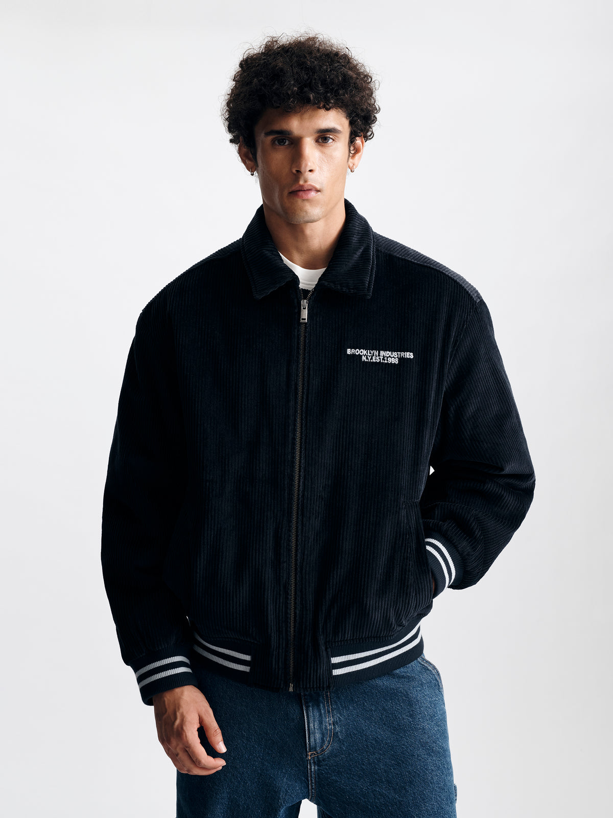Men's Corduroy Logo Bomber Jacket in Blue Graphite - BROOKLYN INDUSTRIES