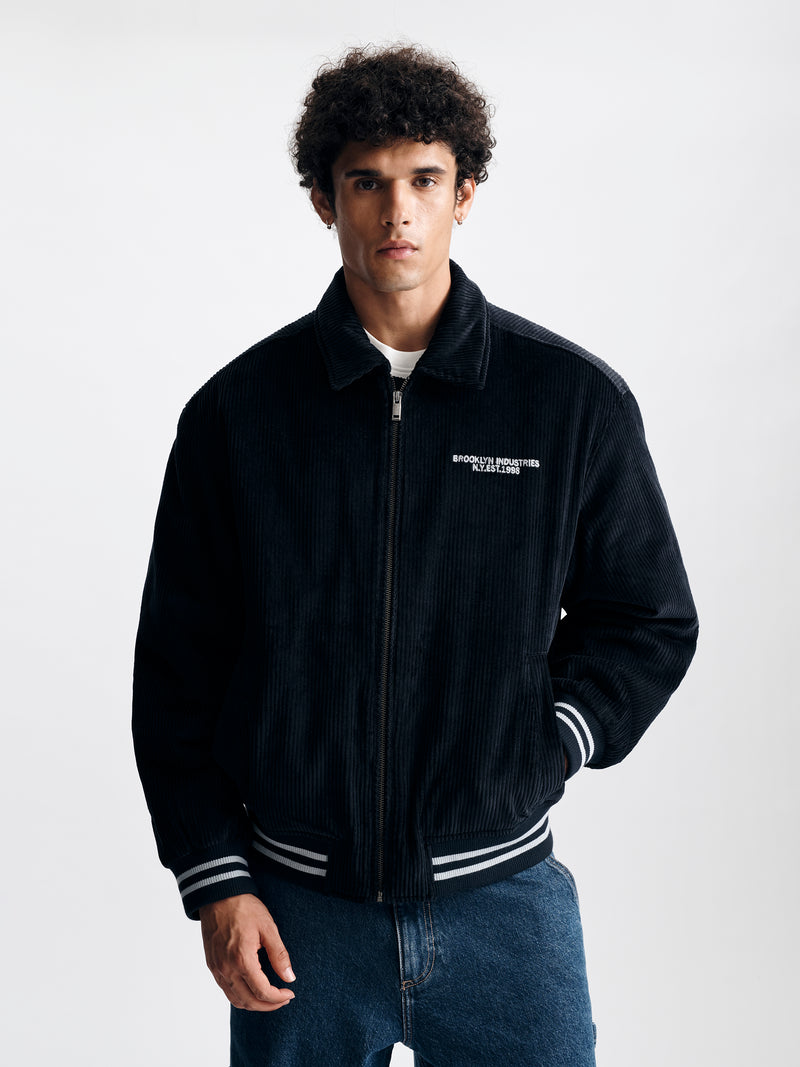 Men's Corduroy Logo Bomber Jacket in Blue Graphite - BROOKLYN INDUSTRIES