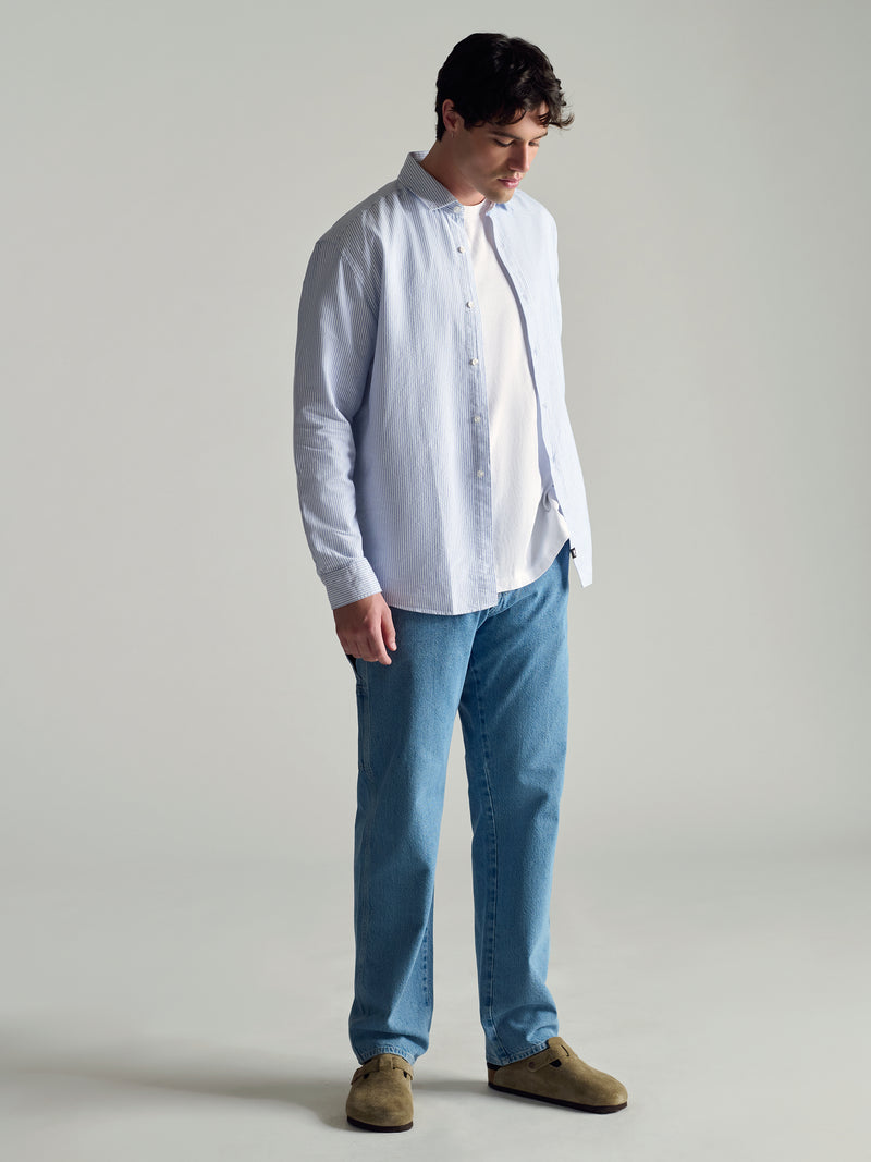 Men's Long Sleeve Shirt In Blue Striped - BROOKLYN INDUSTRIES