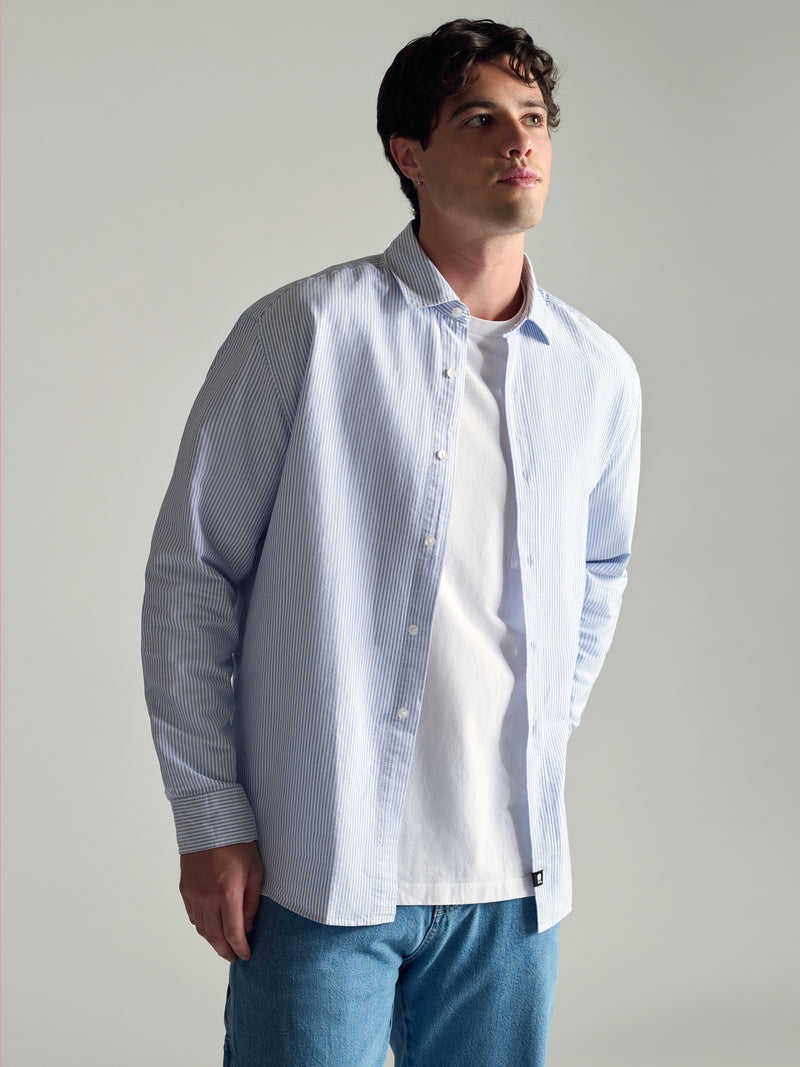 Men's Long Sleeve Shirt In Blue Striped - BROOKLYN INDUSTRIES