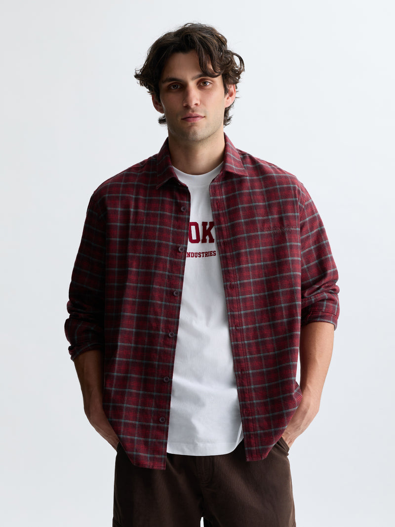 Men's Logo Long Sleeve Plaid Shirt in Red Check - BROOKLYN INDUSTRIES
