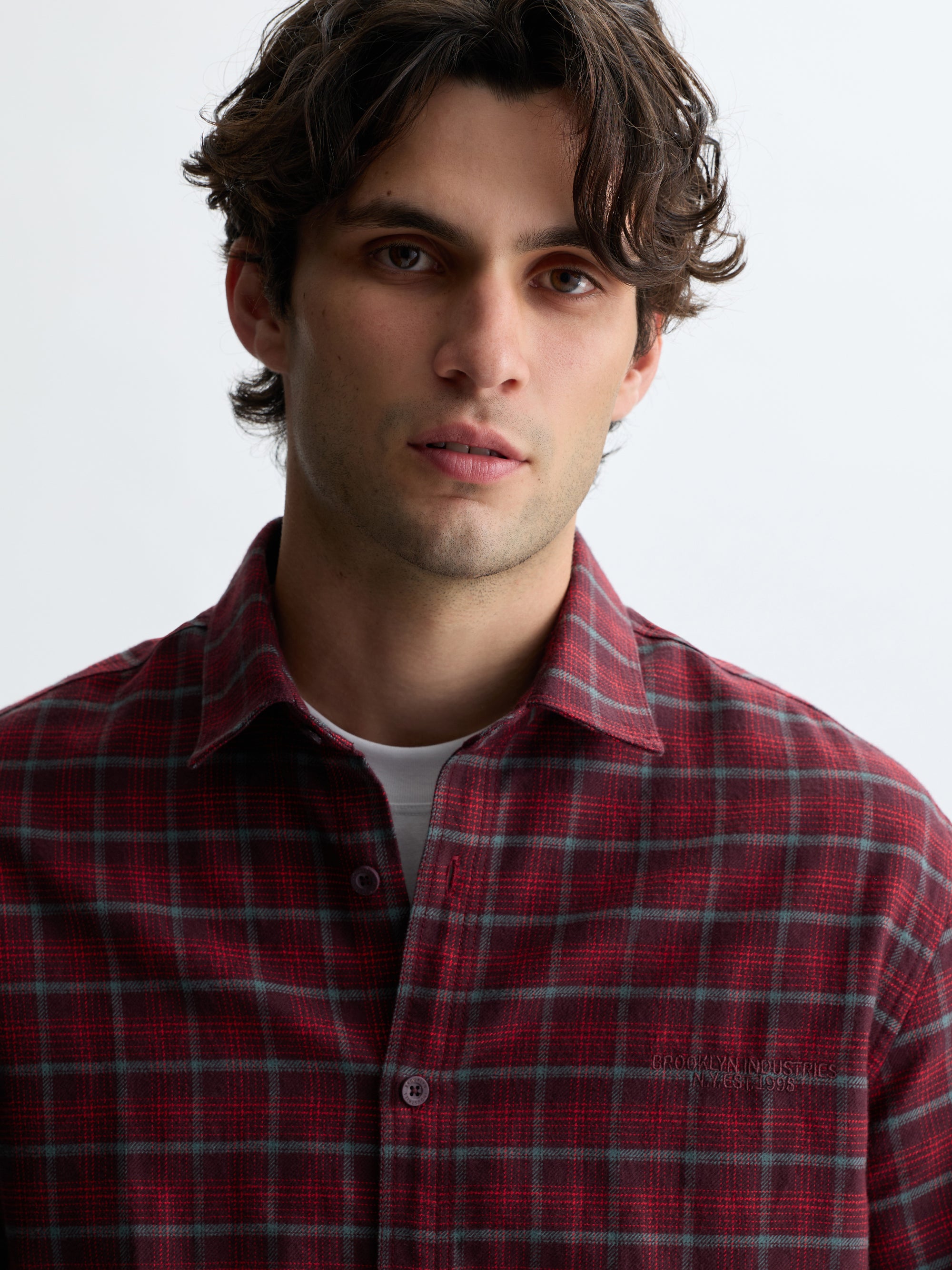 Men's Logo Long Sleeve Plaid Shirt in Red Check - BROOKLYN INDUSTRIES