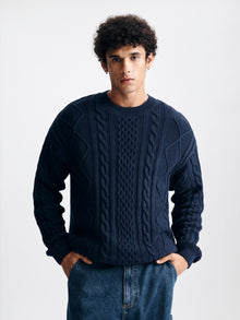 Men's Oversized Cable-Knit Sweater in Total Eclipse - BROOKLYN INDUSTRIES
