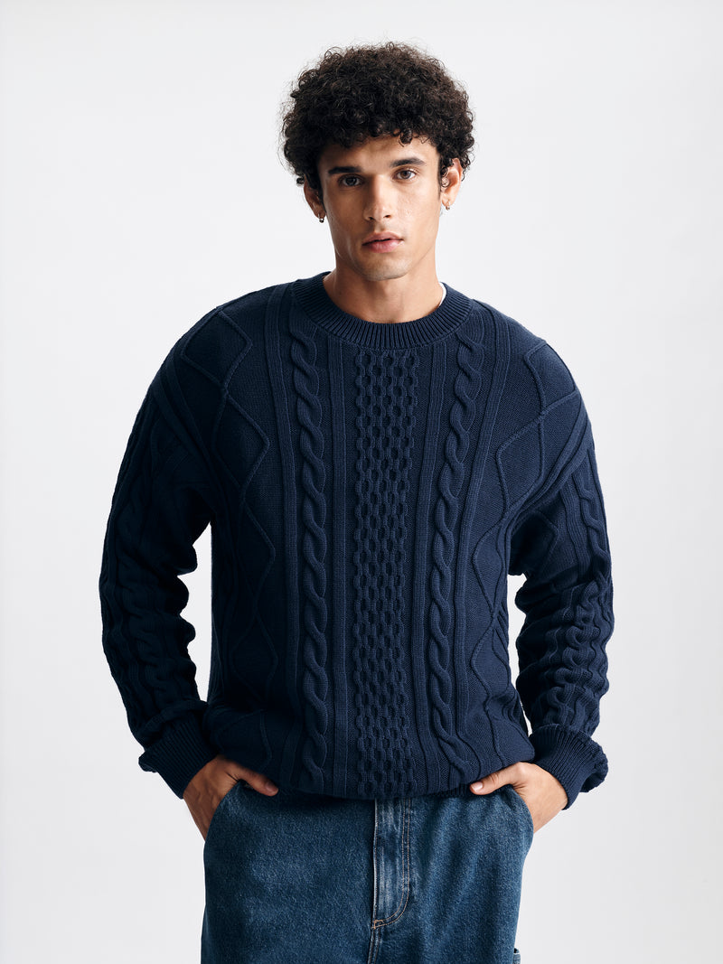 Men's Oversized Cable-Knit Sweater in Total Eclipse - BROOKLYN INDUSTRIES