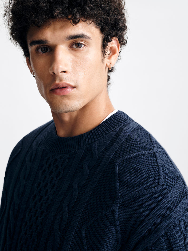 Men's Oversized Cable-Knit Sweater in Total Eclipse - BROOKLYN INDUSTRIES