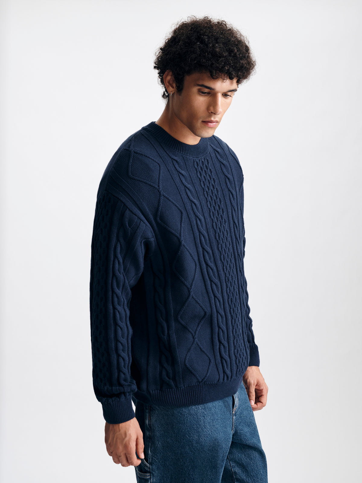 Men's Oversized Cable-Knit Sweater in Total Eclipse - BROOKLYN INDUSTRIES