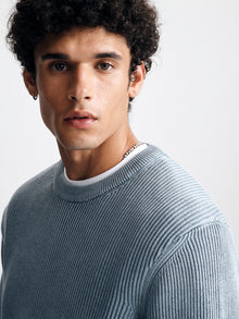 Men's Acid Washed Crew Neck Sweater in Faded Denim - BROOKLYN INDUSTRIES