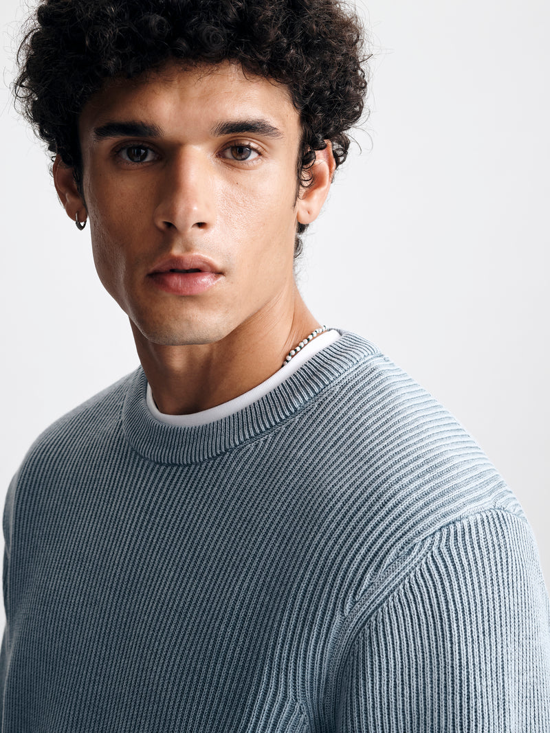 Men's Acid Washed Crew Neck Sweater in Faded Denim - BROOKLYN INDUSTRIES
