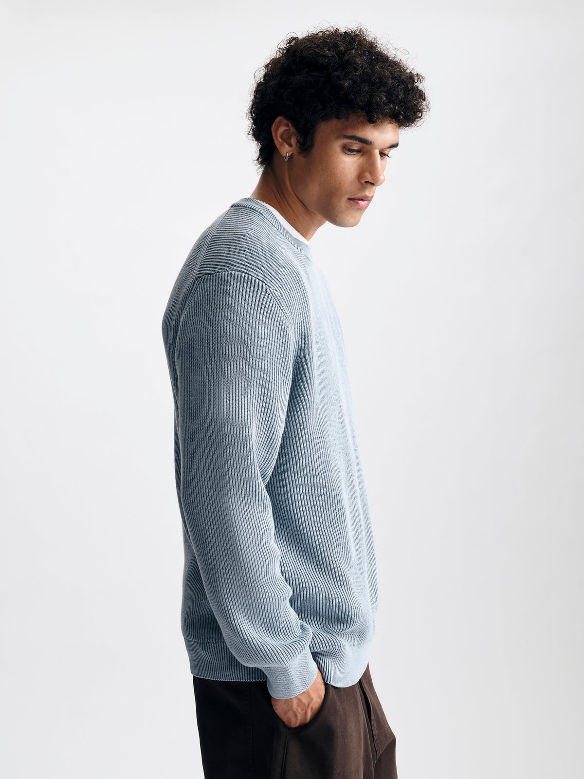 Men's Acid Washed Crew Neck Sweater in Faded Denim - BROOKLYN INDUSTRIES