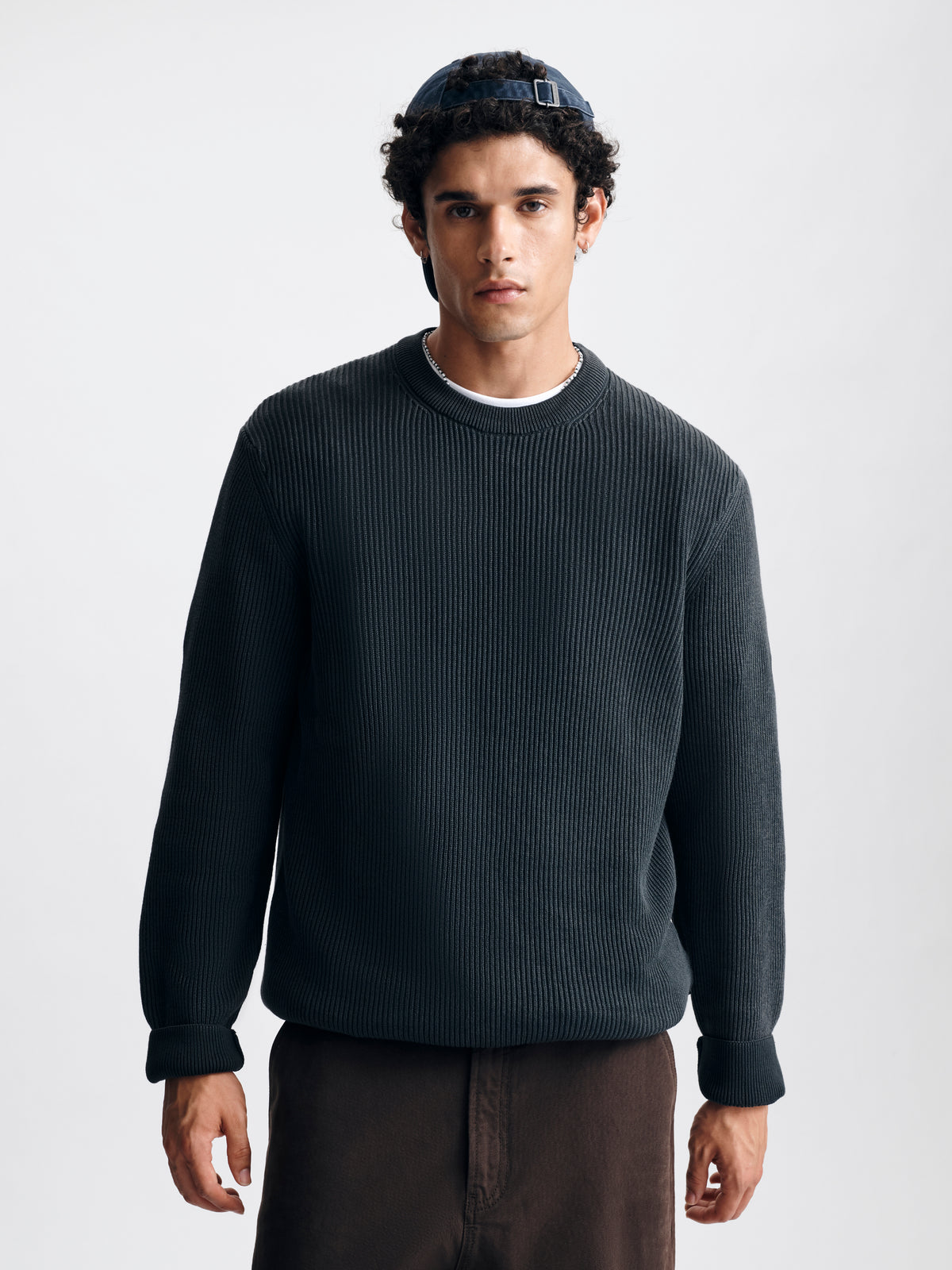 Men's Acid Washed Crew Neck Sweater in Anthracite - BROOKLYN INDUSTRIES