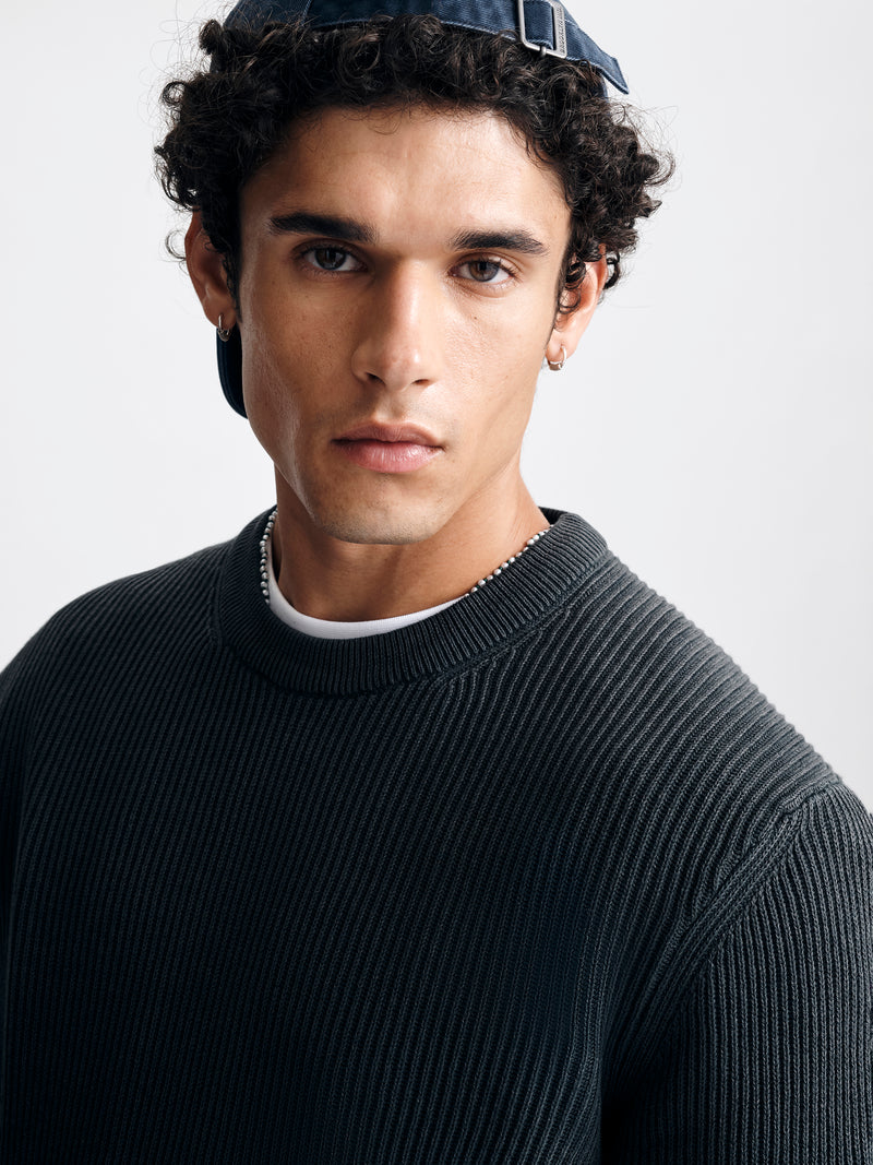 Men's Acid Washed Crew Neck Sweater in Anthracite - BROOKLYN INDUSTRIES