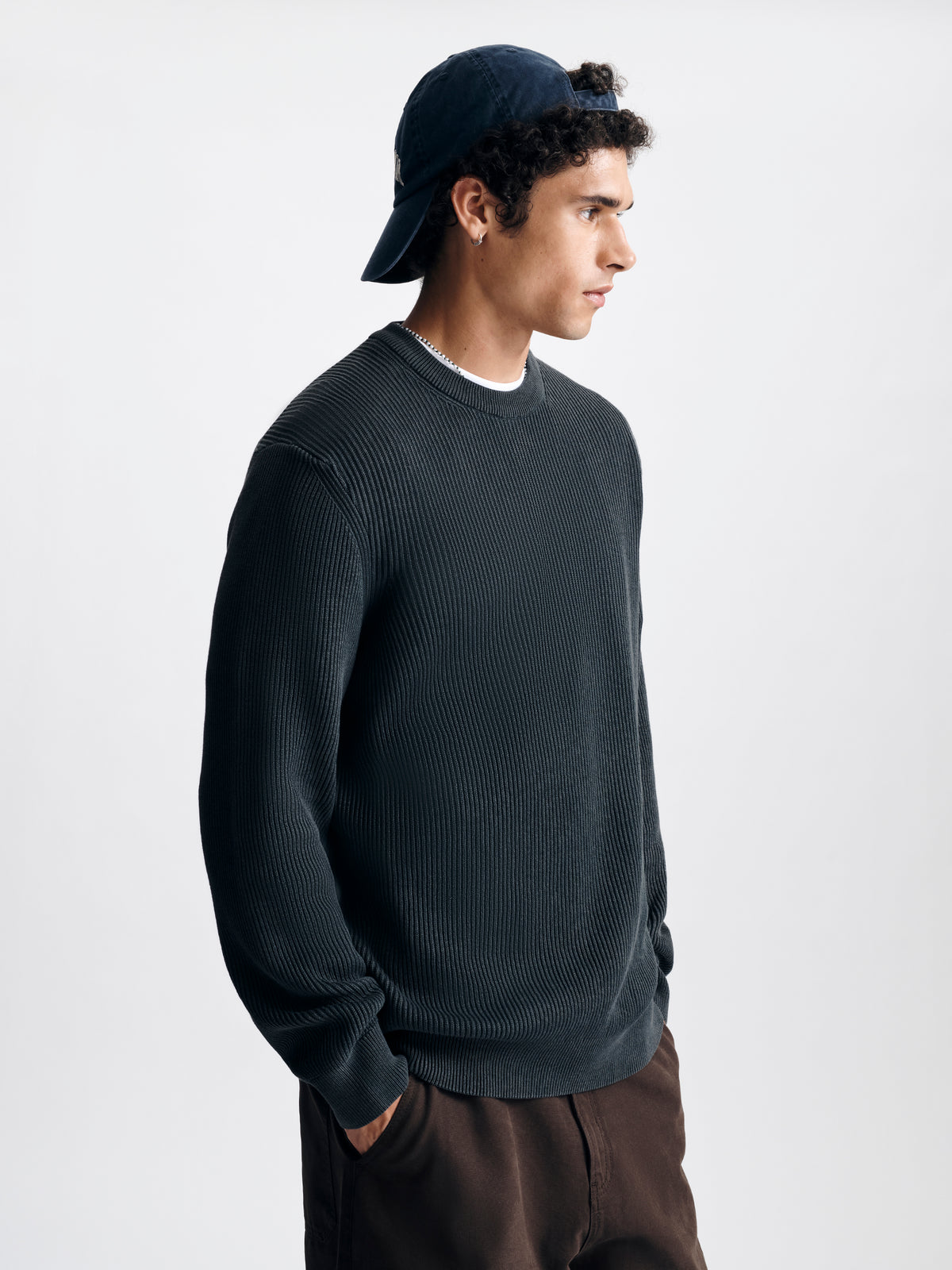 Men's Acid Washed Crew Neck Sweater in Anthracite - BROOKLYN INDUSTRIES