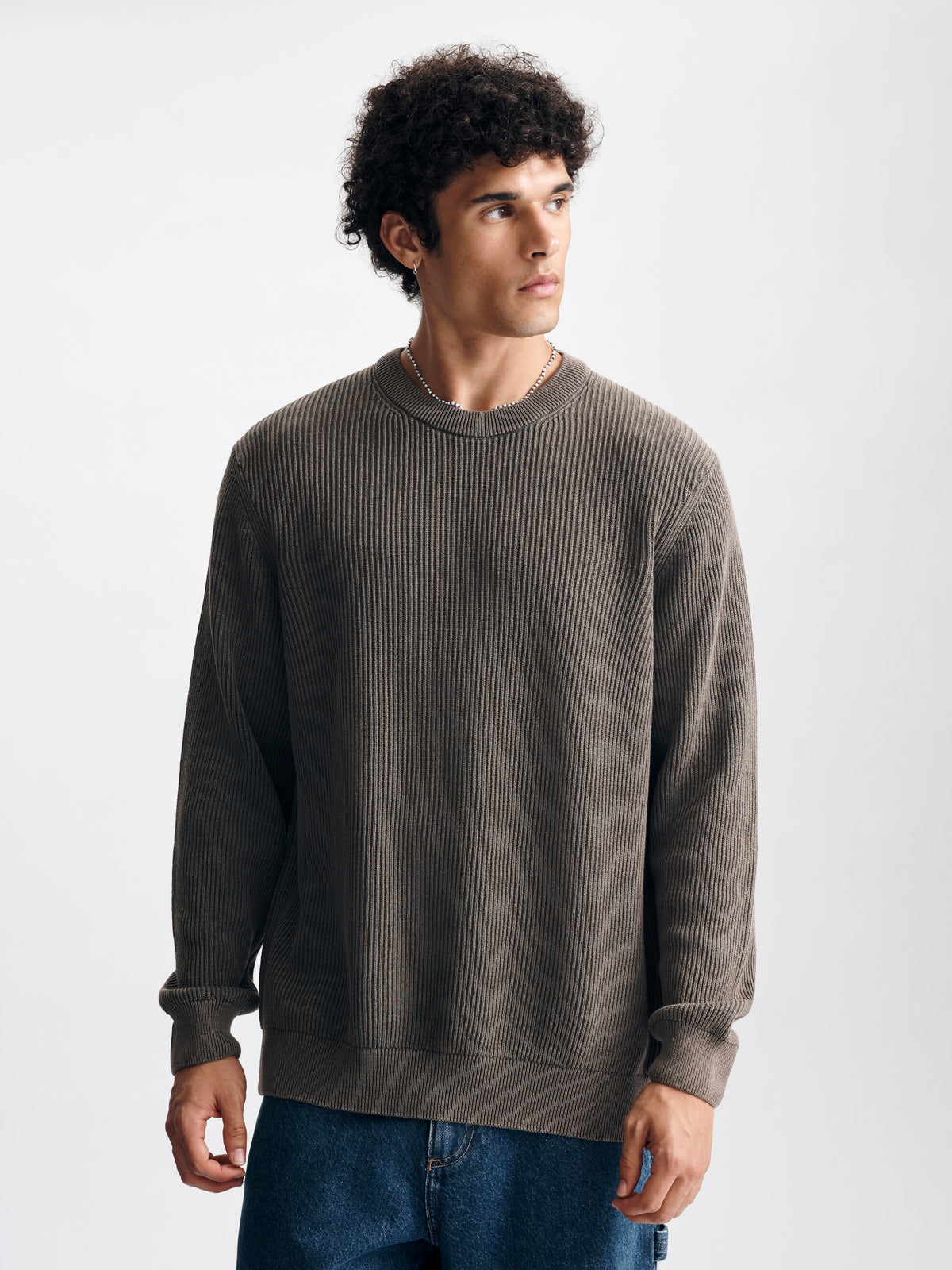 Men's Acid Washed Crew Neck Sweater in Falcon - BROOKLYN INDUSTRIES