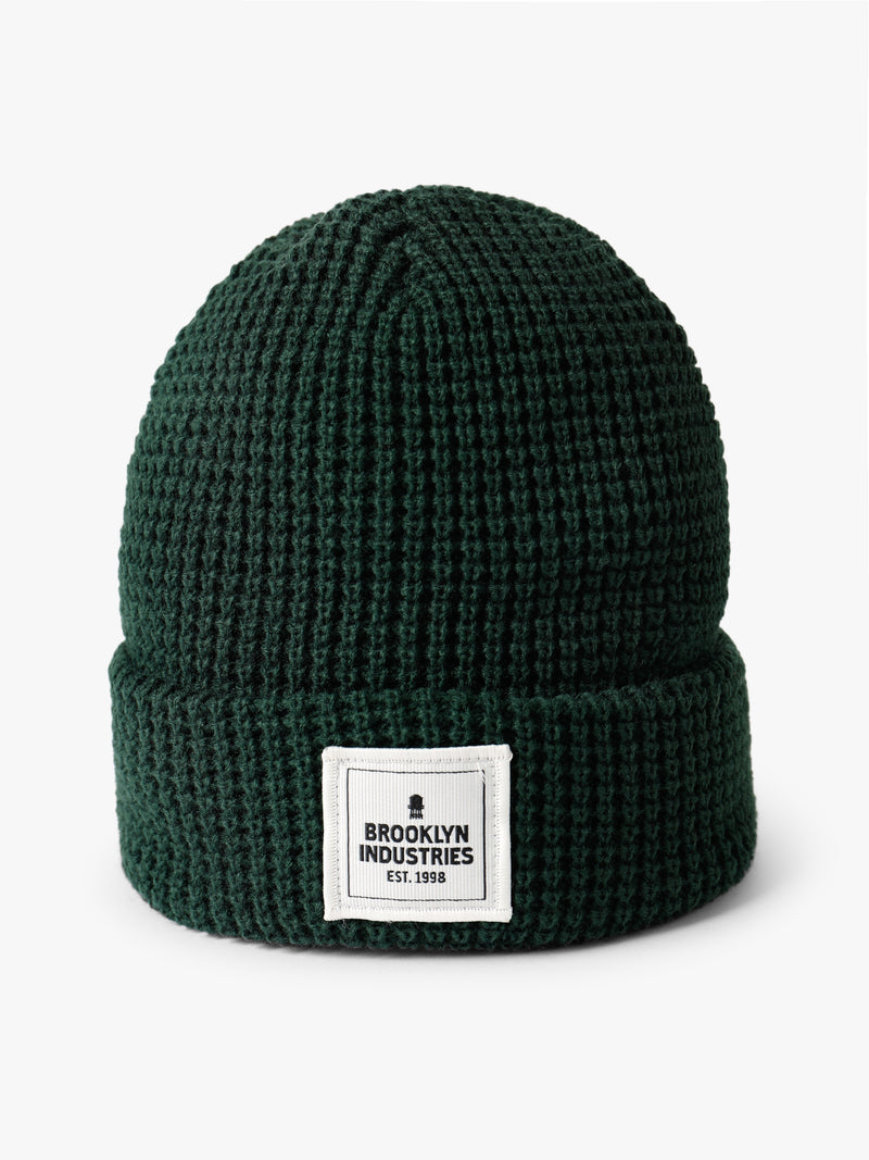 Waffle Knit Logo Beanie in Pine Green - BROOKLYN INDUSTRIES