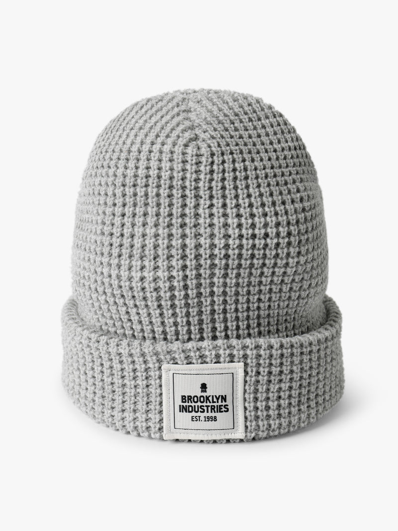 Waffle Knit Logo Beanie in Grey Melange - BROOKLYN INDUSTRIES