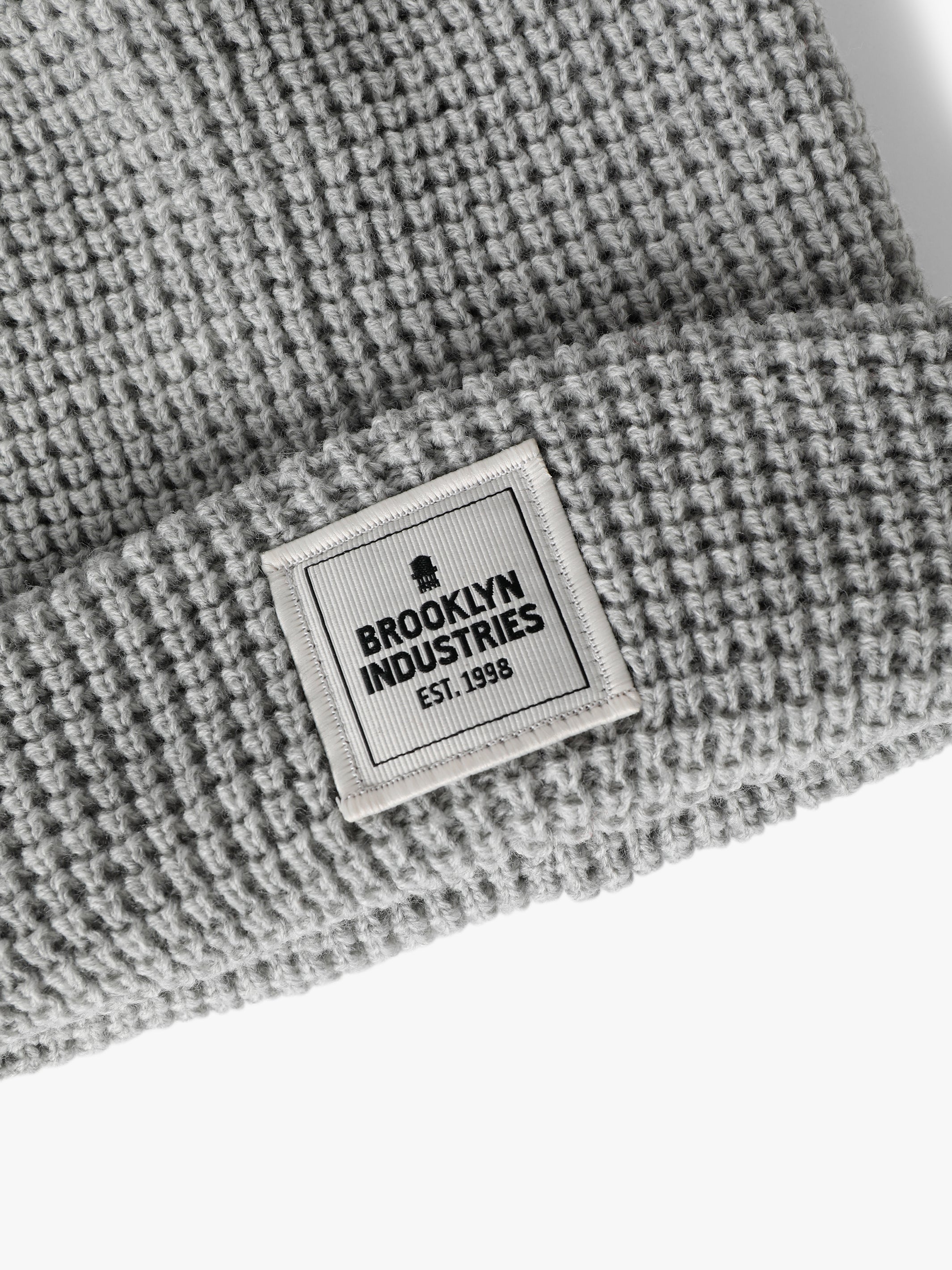 Waffle Knit Logo Beanie in Grey Melange - BROOKLYN INDUSTRIES