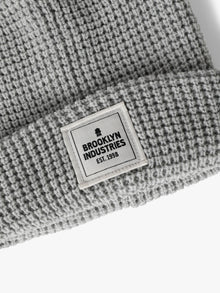 Waffle Knit Logo Beanie in Grey Melange - BROOKLYN INDUSTRIES