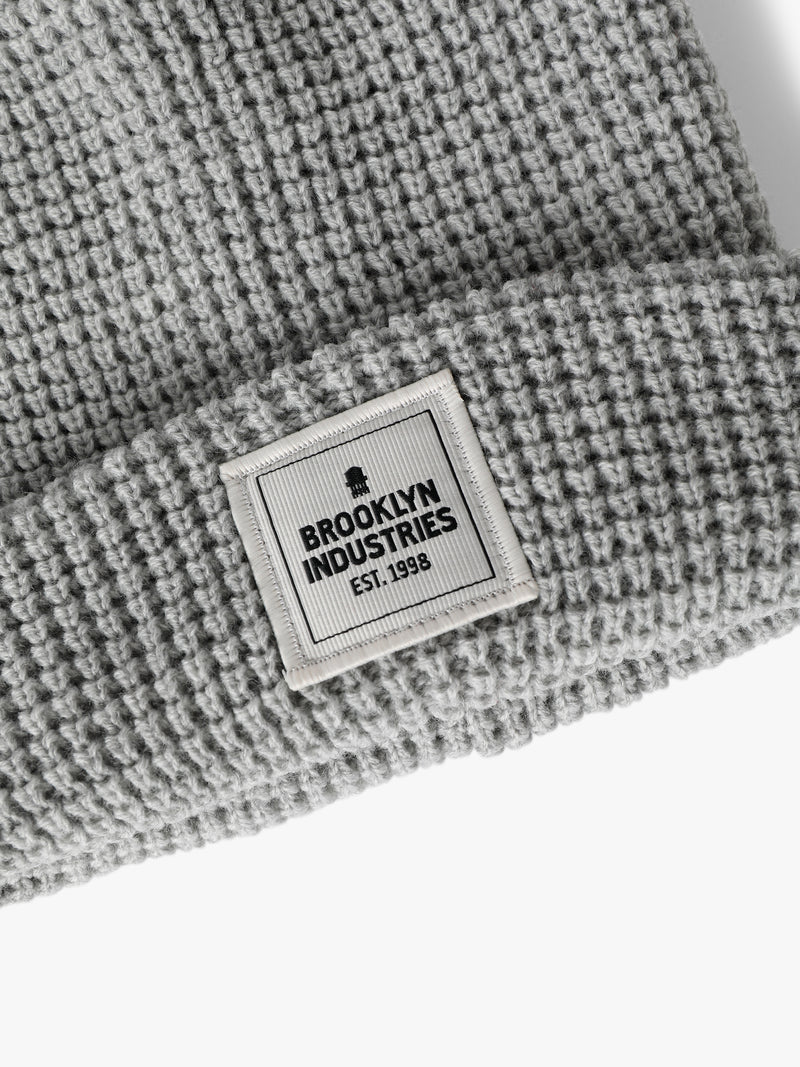 Waffle Knit Logo Beanie in Grey Melange - BROOKLYN INDUSTRIES