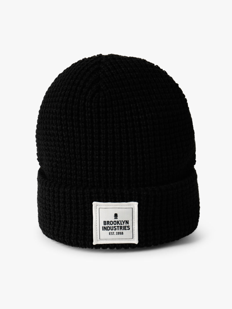 Waffle Knit Logo Beanie in Black - BROOKLYN INDUSTRIES