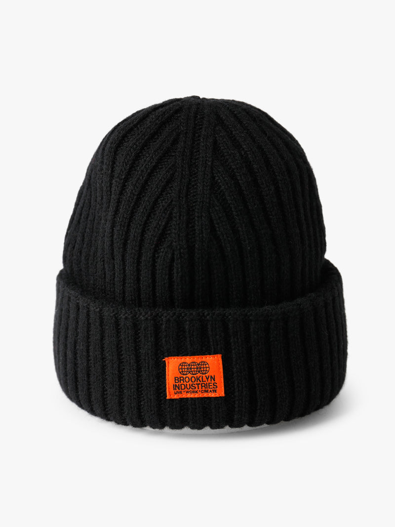Ribbed Logo Tab Beanie in Black - BROOKLYN INDUSTRIES